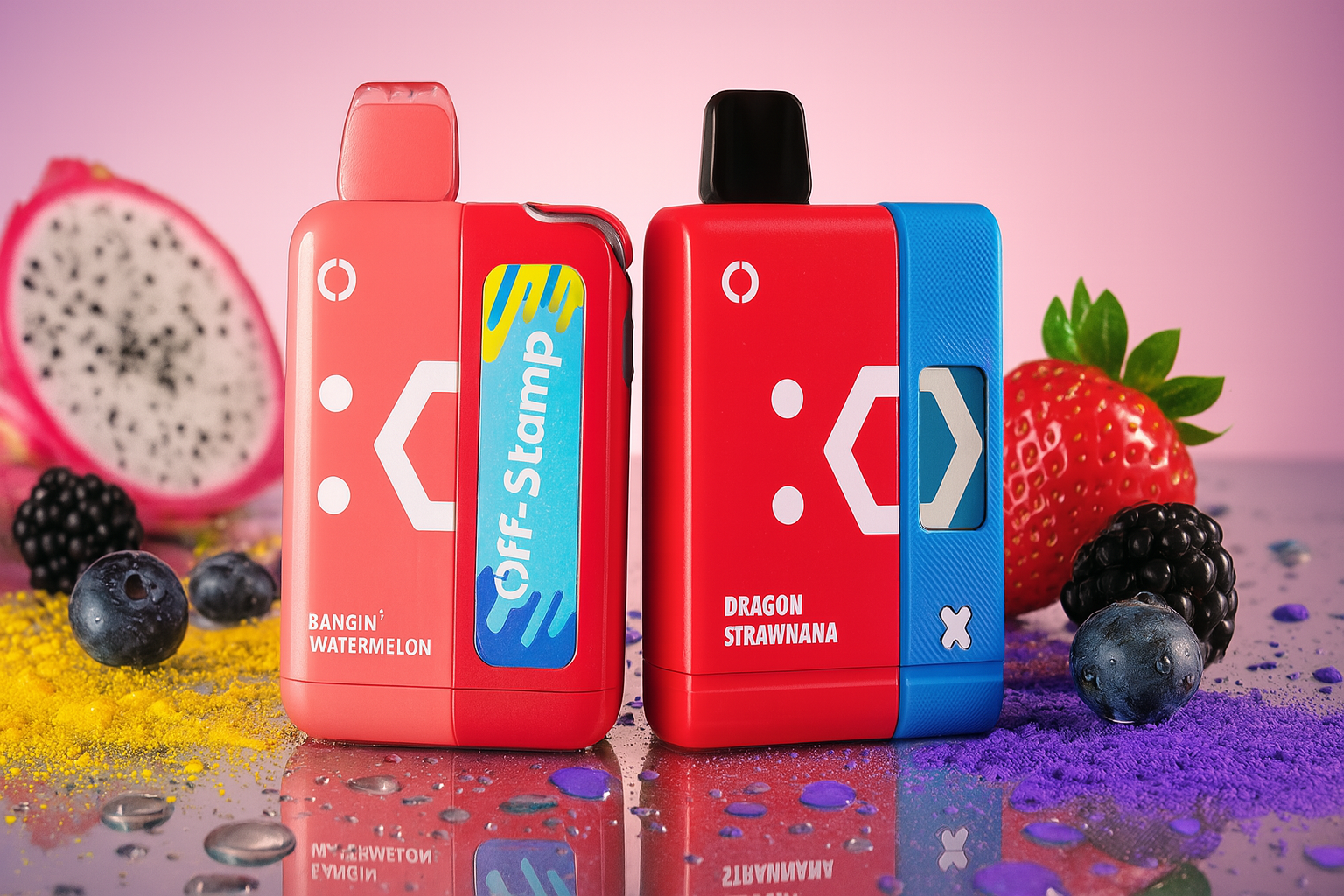 The image features two vibrant vape devices placed on a glossy, reflective surface, surrounded by an energetic burst of fruits and colored powders. The left device, labeled
