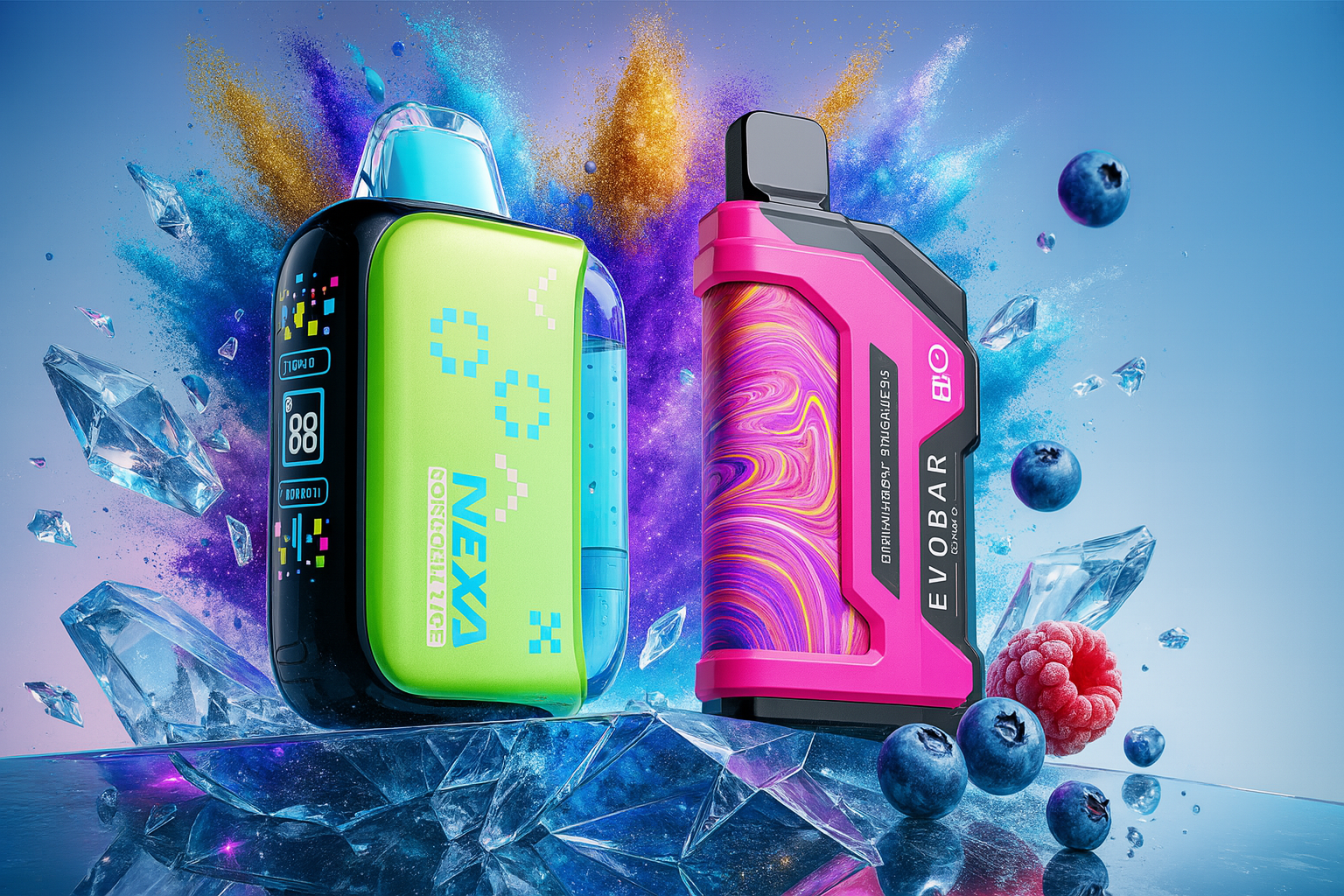 The image displays two futuristic vape devices set against a vivid, high-energy backdrop of crystal shards, fruit, and color splashes. On the left, the