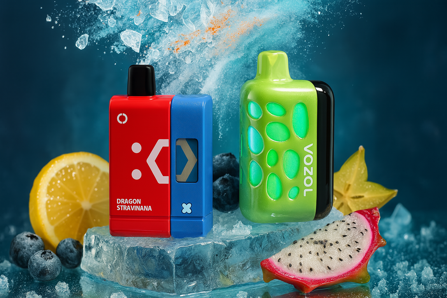 The image displays two vibrant vape devices resting on a block of ice, surrounded by fresh fruits and dynamic splashes of water and icy particles. The left device, labeled