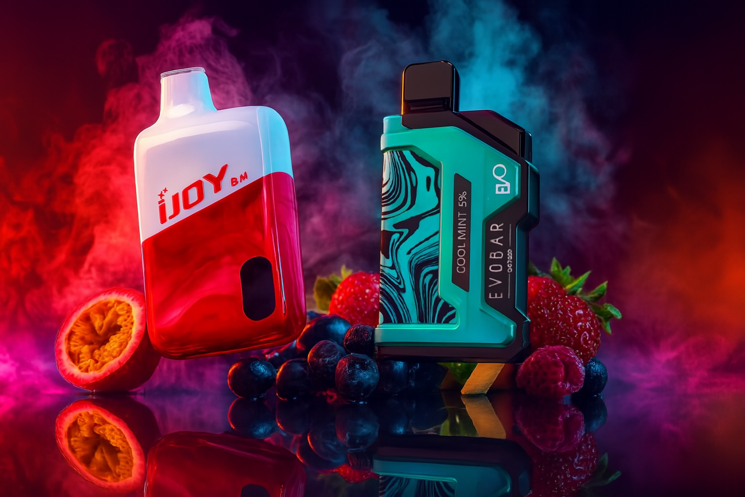 Two colorful vape devices are displayed against a vibrant backdrop of swirling smoke and fresh fruit, creating a bold and flavorful visual. The left device, branded 