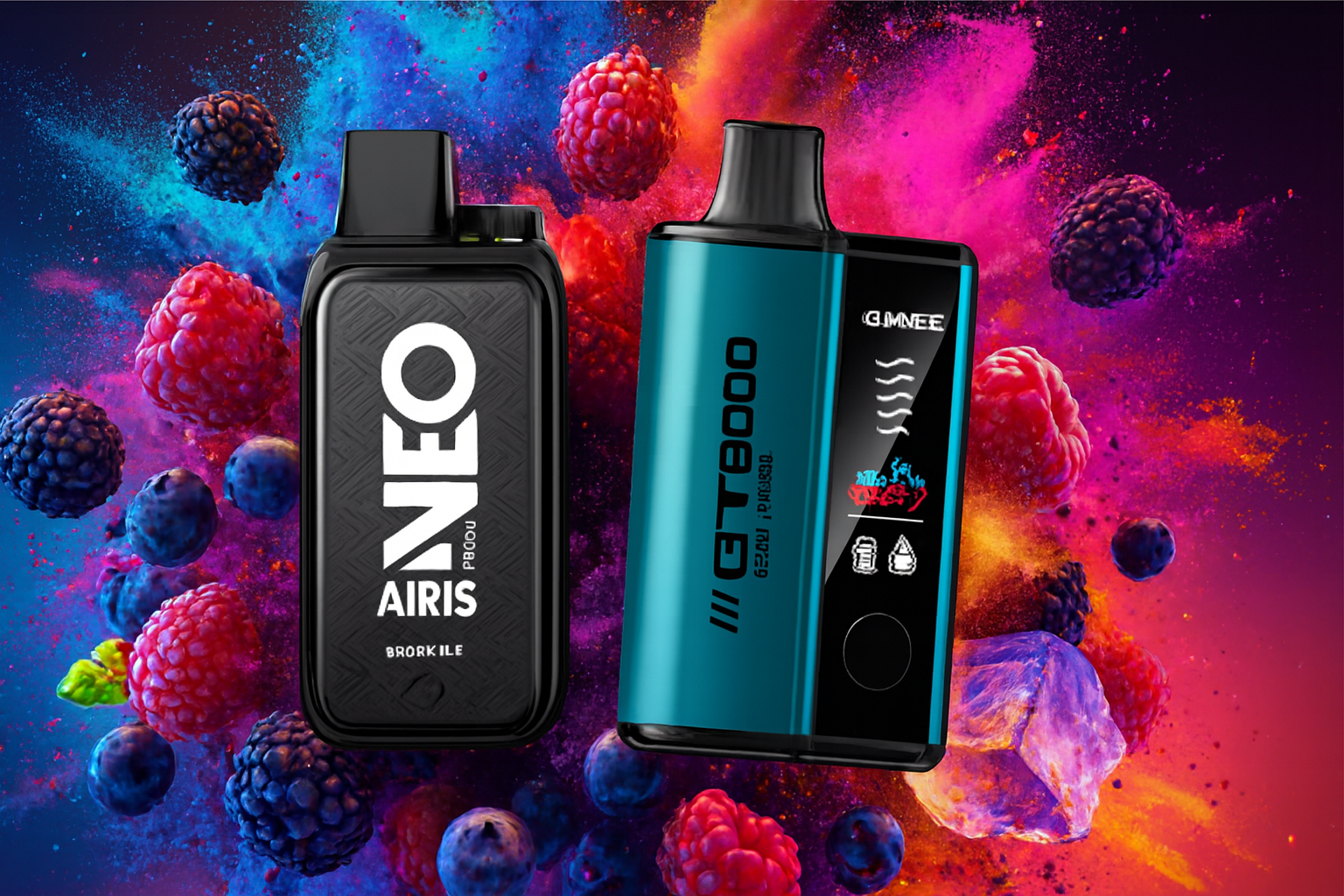 The photo shows two vape devices set against a vivid, colorful background with splashes of pink, purple, blue, and orange, surrounded by berries like raspberries, blackberries, and blueberries. On the left, the NEO AIRIS P8000 stands out with bold labeling, while on the right, the GMNEE GT8000 features icons, battery and liquid indicators, and the phrase “NILO ICE CRAZY BERRY.” The dynamic composition and intense color palette highlight a fruity, refreshing theme and emphasize the modern, eye-catching design of the products.