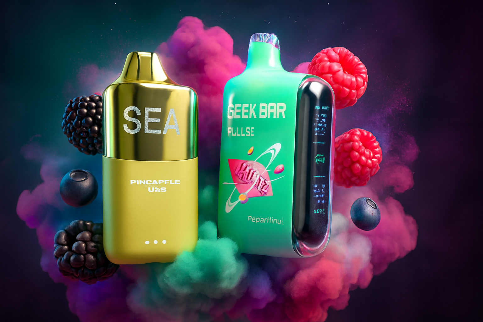 The image showcases two vibrant vape devices surrounded by colorful smoke and fresh berries. The left device, in yellow and gold, is labeled 