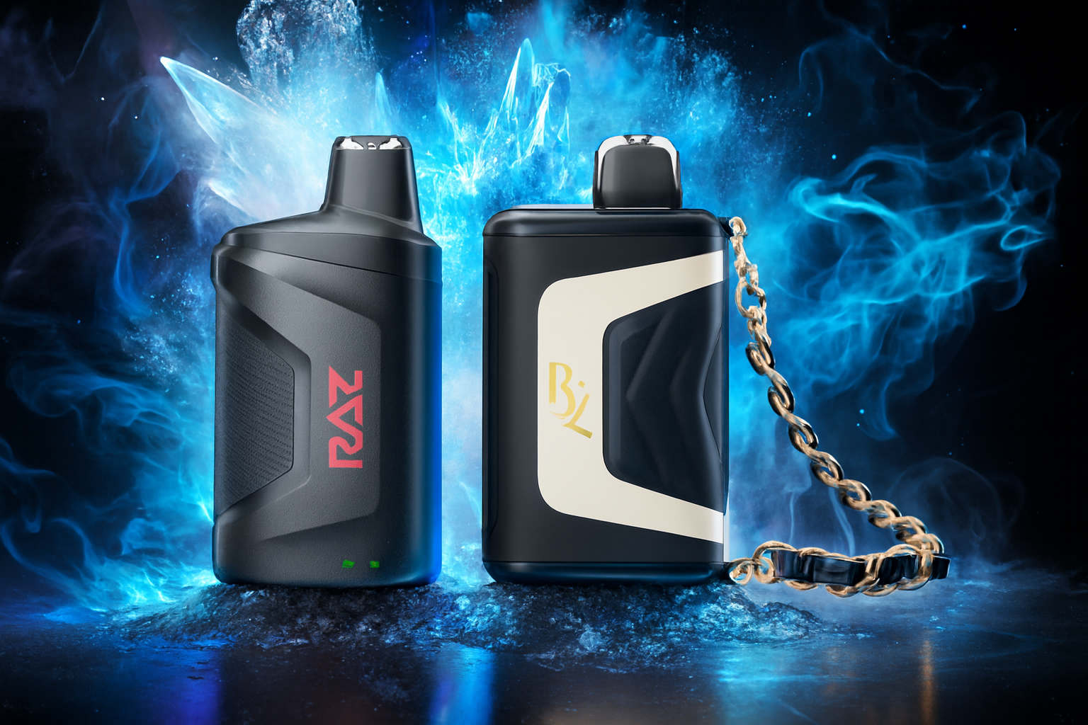 The photo shows two sleek vape devices placed side by side against a dramatic backdrop of blue smoke and crystal-like formations. On the left, a black device with a bold red “RAZ” logo and textured grip stands out, while on the right, a black-and-gold device marked “BZ” is attached to a gold chain, giving it a stylish, high-tech look. The cool tones and striking lighting create a modern, eye-catching composition that emphasizes sophistication and bold design.
