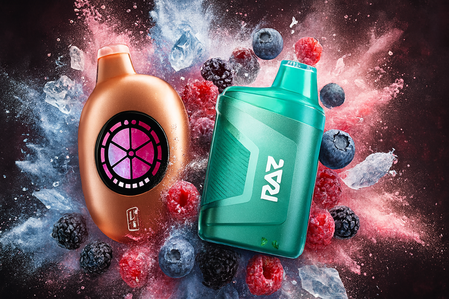 The photo shows two colorful vape devices surrounded by a dynamic burst of frozen berries and ice shards. On the left, a metallic bronze device features a circular design resembling a citrus slice in pink and purple tones, while on the right, a bright green device prominently displays the brand name “RAZ” in white. The energetic composition, with raspberries, blueberries, and blackberries exploding outward, emphasizes fruity freshness and creates a bold, eye-catching visual.