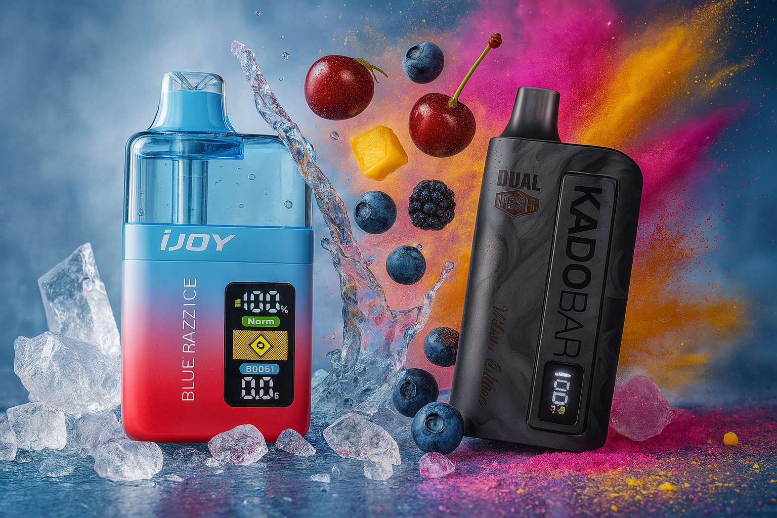 The image features two vibrant vape devices placed among ice cubes and a burst of fresh fruits, set against a dynamic background of colorful water splashes. On the left, the green-and-blue “NEXA” device displays a digital screen reading “88” alongside other indicators, suggesting a tech-savvy, high-performance design. On the right, the pink-and-black “EVOBAR” device with a swirling purple pattern is labeled “B.O.” and highlights the flavor “Cherry Strawberry Blueberry.” Surrounding the vapes are strawberries, blueberries, a cherry, and a slice of pineapple, all exploding through water splashes to create a bold, flavor-rich composition that blends freshness, energy, and modern style.