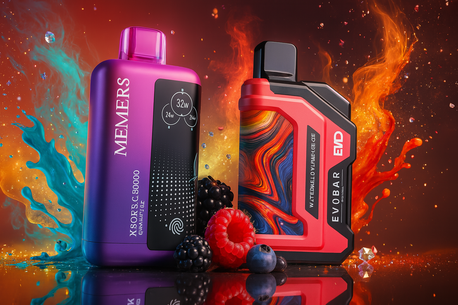The image features two vibrant vape devices placed side by side against a dynamic backdrop of liquid splashes and colorful accents. The left device is purple and pink, labeled 