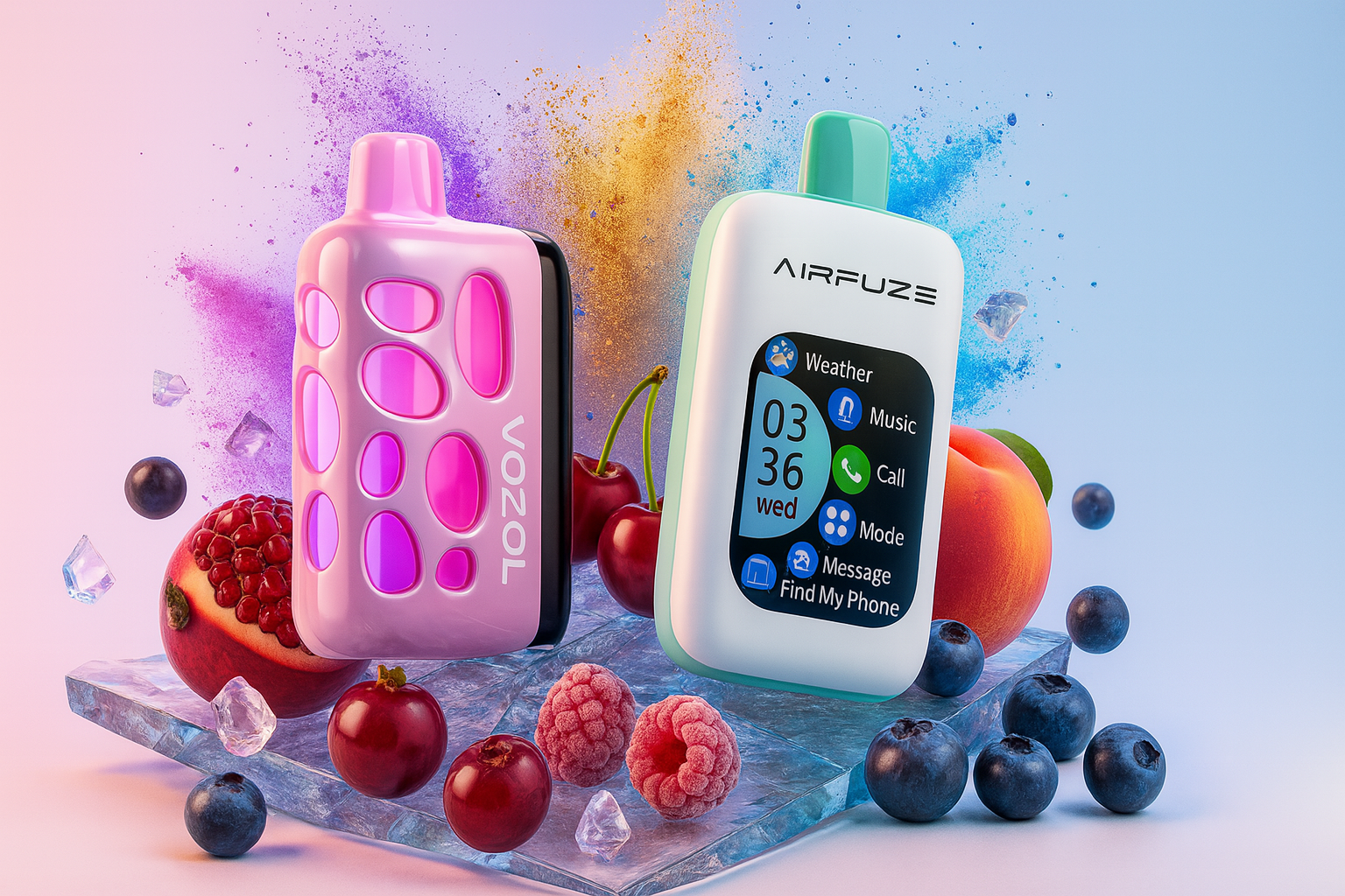 The image presents two colorful vape devices displayed on a transparent platform, surrounded by a lively mix of fruits and ice cubes. On the left, the pink-and-purple “VOZOL” device features a rounded rectangular shape with oval cutouts, offering a playful, modern design. On the right, the “AIRFUZE” device resembles a smart gadget, with a screen showing icons for weather, music, calls, messages, and more, along with the time “03:36” and day “Wed,” suggesting multifunctional tech appeal. Around them are cherries, raspberries, blueberries, a peach, and pomegranate, all set against a backdrop of vibrant powder bursts, creating a bold, flavor-rich composition that fuses freshness, innovation, and lifestyle aesthetics.