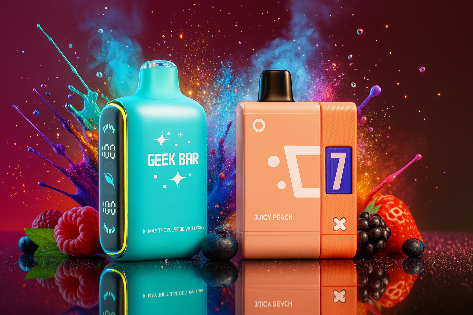 Two colorful vape devices are showcased against a lively backdrop splashed with vibrant paint and surrounded by fresh fruits like strawberries, raspberries, blueberries, and blackberries. The left device, in turquoise, is labeled “GEEK BAR” and features a digital display showing “100%” battery and puff indicators, emphasizing its readiness and performance. The right device, peach-colored with a bold blue number “7,” is marked “JUICY PEACH,” clearly highlighting its fruity flavor. The dynamic composition blends sleek design with natural elements, creating a visually rich and flavor-forward scene.