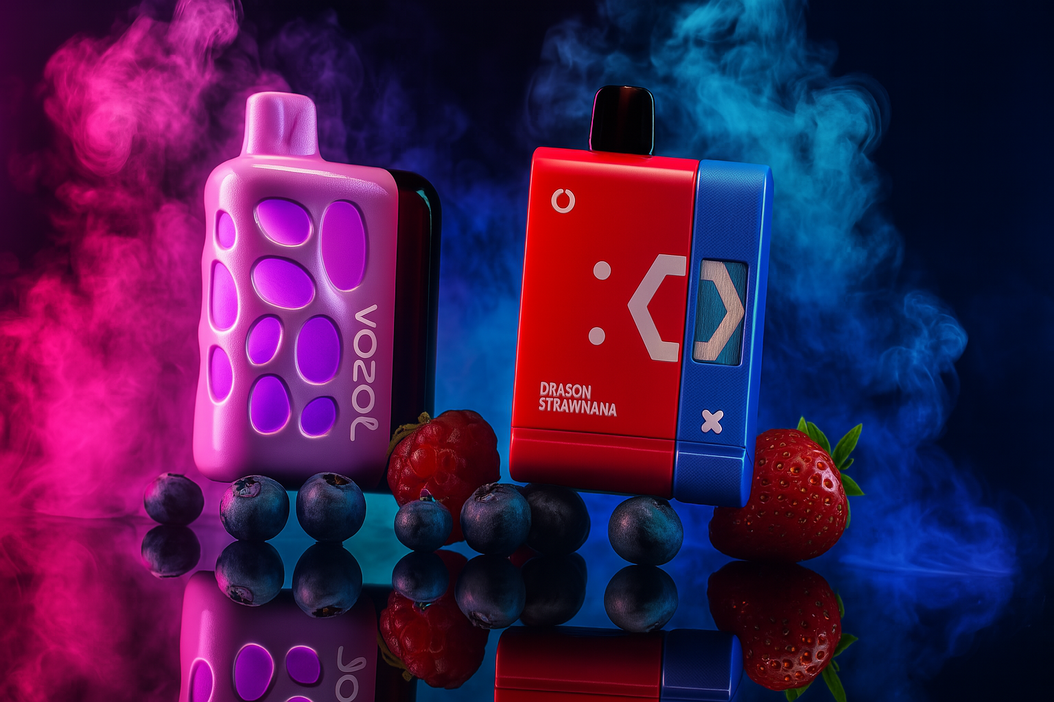 Two vibrant vape devices are displayed on a reflective surface, surrounded by fresh berries—blueberries, a raspberry, and a strawberry—and set against a dramatic swirl of pink and blue smoke. The left device, branded “VOZOL,” features a bold pink design with a bubble-like texture, while the right device, labeled “DRASON STRAWNANA,” combines red and blue geometric patterns to evoke a playful, fruity vibe. The composition merges sleek design with sensory richness, highlighting the flavorful essence and visual appeal of the vape products.