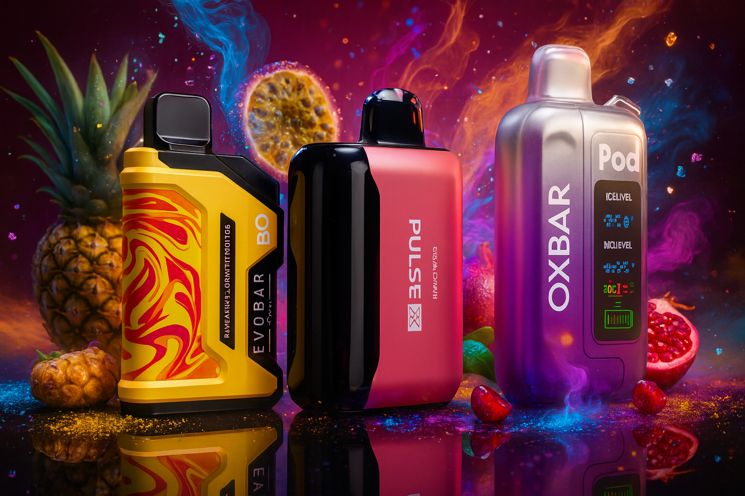 The image showcases three vibrant vape devices standing upright against a tropical-themed backdrop bursting with color and energy. On the left, the EVOBAR BO features a fiery yellow-red design and promotes a 