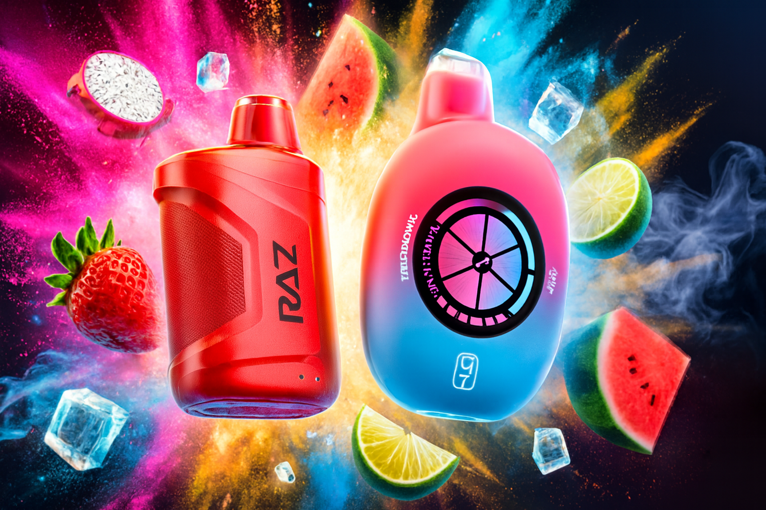 The image showcases two eye-catching vape devices set against a vibrant explosion of color and fruit. On the left, the red 