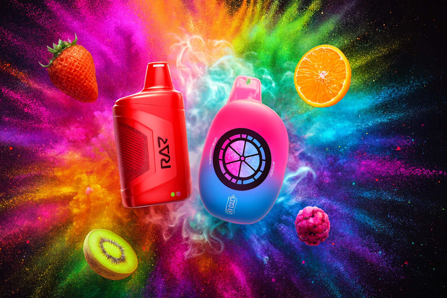 The image showcases two vibrant vape devices set against a dynamic, multicolored smoky background. On the left, a bold red device labeled 