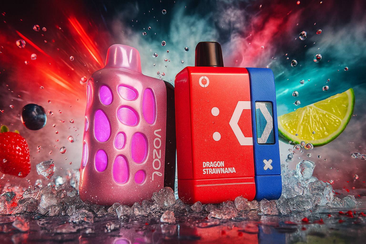 The image showcases two vibrant vape devices resting on a bed of crushed ice, set against an explosive backdrop of red, blue, and teal hues. The left device, labeled 
