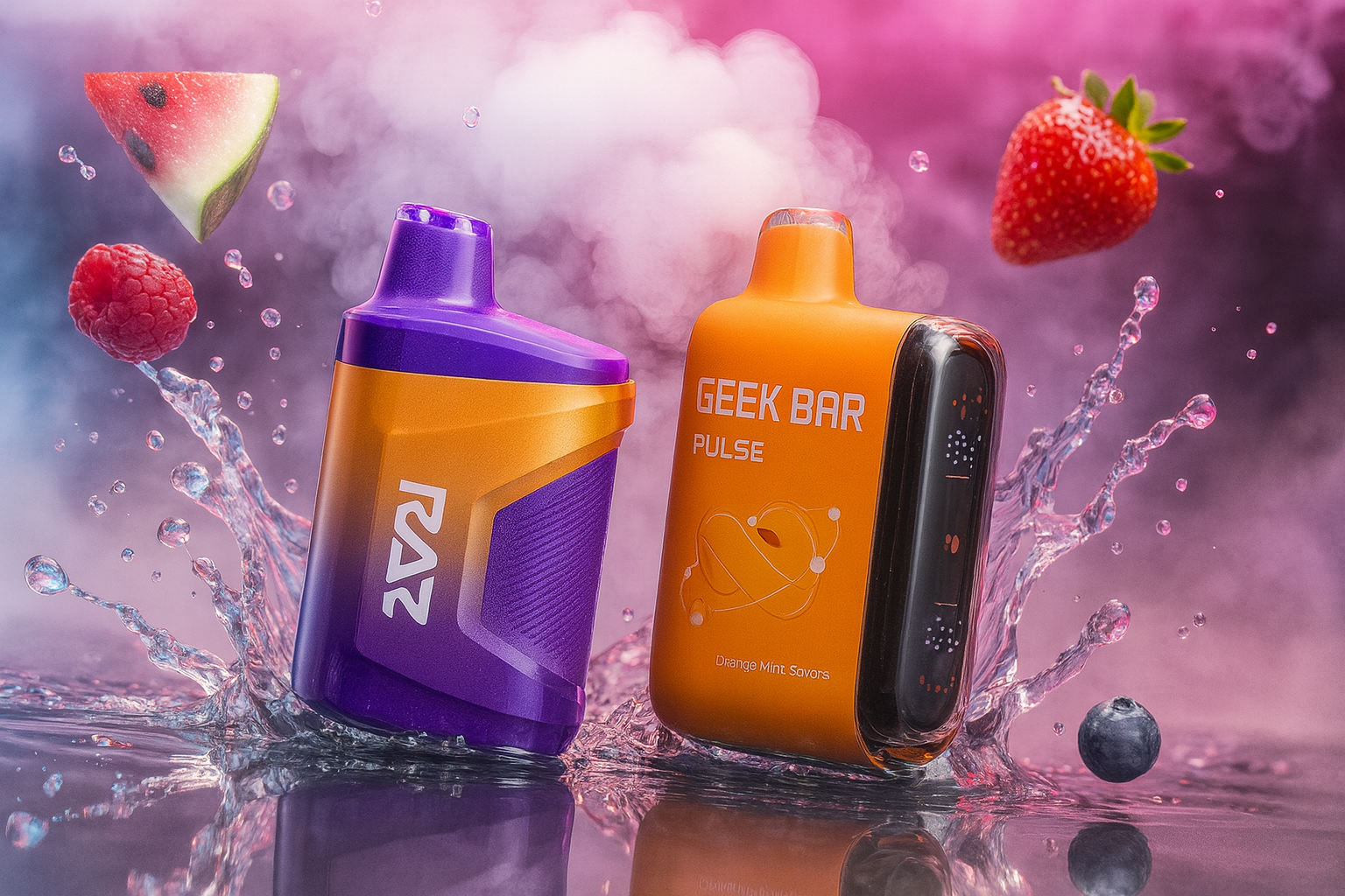 The image features two vibrant vape devices surrounded by splashing water, colorful smoke, and fresh fruits. The left device is purple and orange with the label 