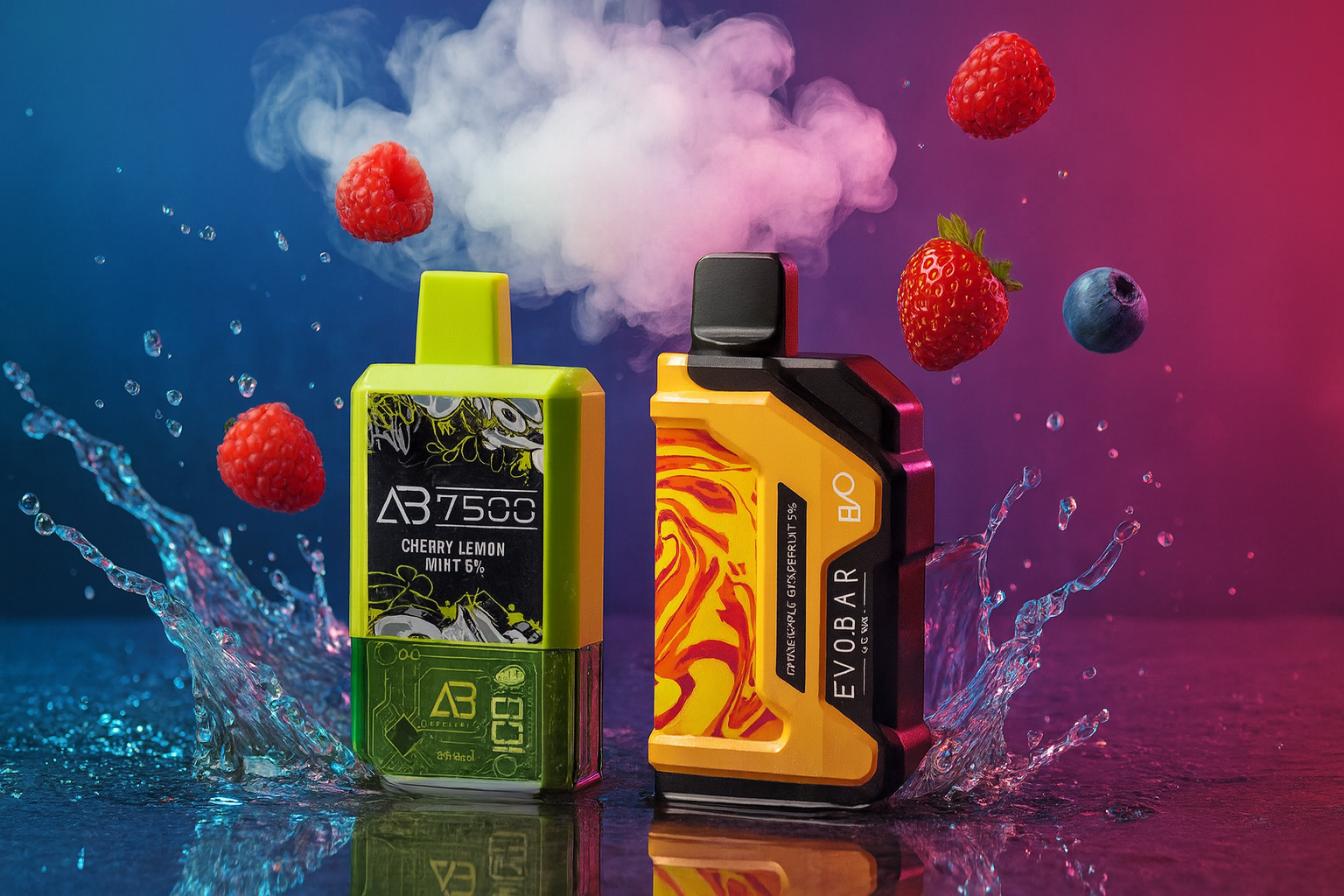 The image showcases two vibrant vape devices surrounded by splashing water, vapor clouds, and fresh fruits, set against a dynamic gradient background transitioning from blue to pink. The left device is green and labeled 