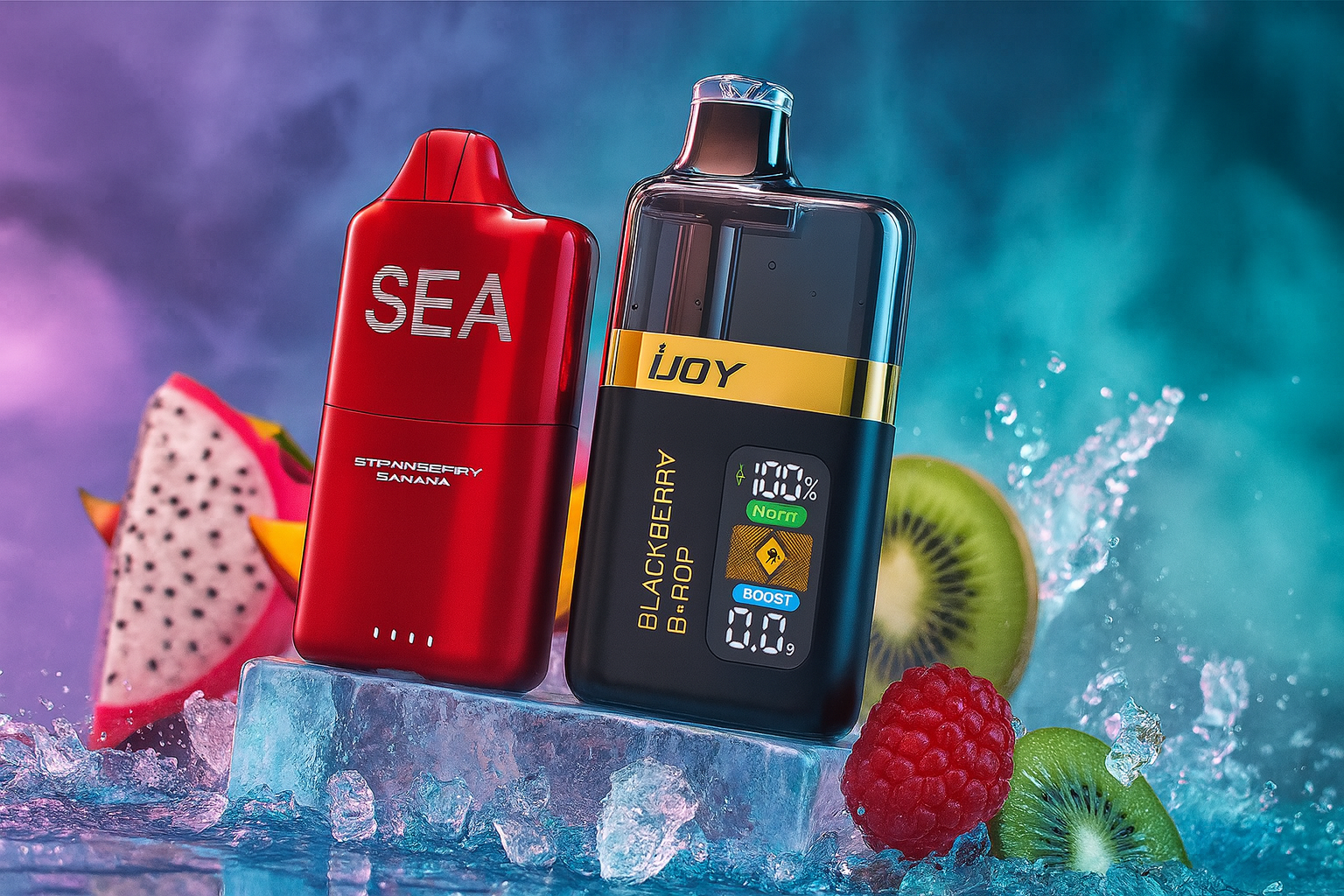 The image presents two vape devices placed on a block of ice, surrounded by vibrant fruits including dragon fruit, kiwi, and raspberry, all set against a cool-toned background of blue and purple hues. The left device is red and labeled 