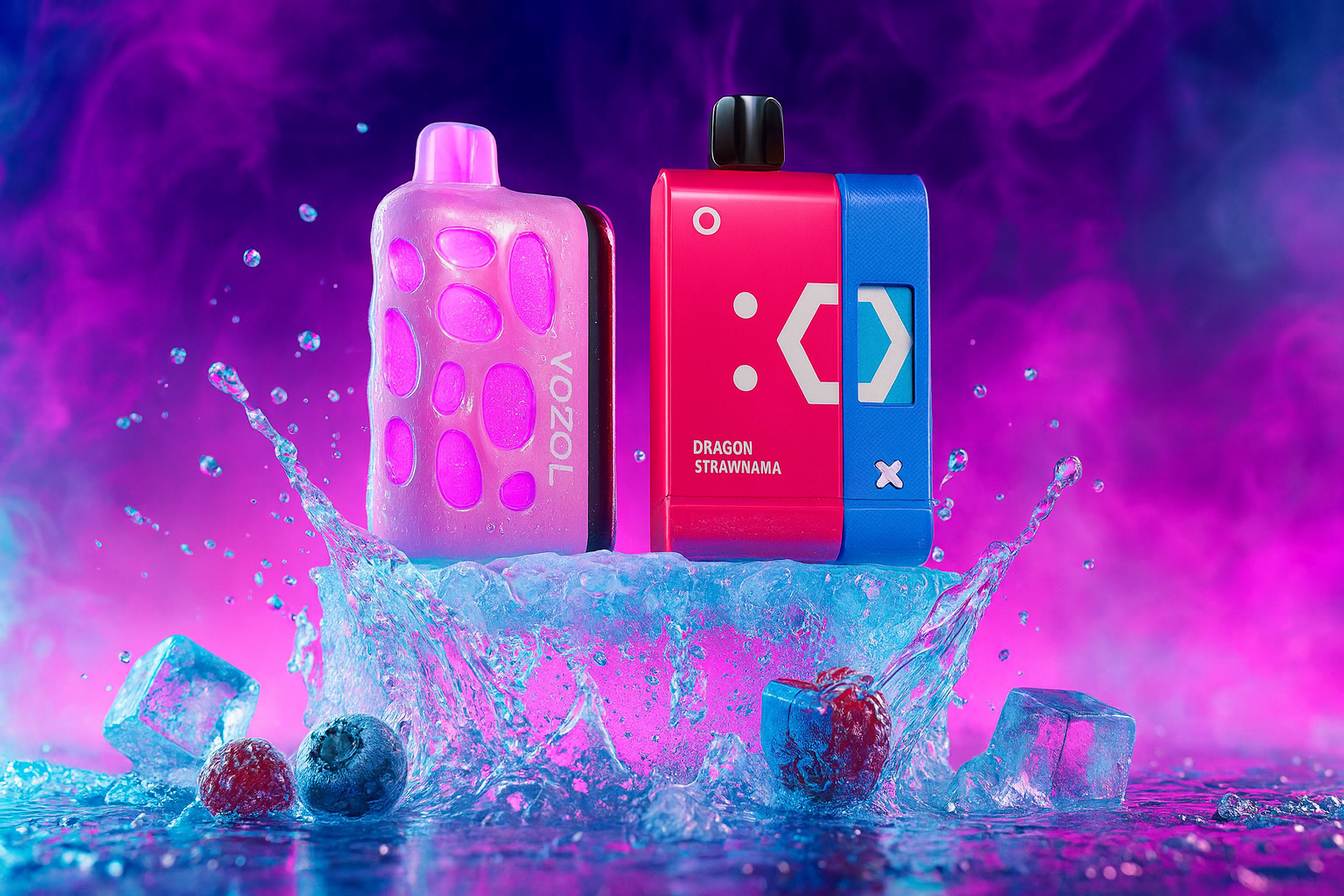 The image features two brightly colored vape devices standing on a reflective surface with splashing water and floating berries around them. The left device is pink with a textured finish and the brand name 