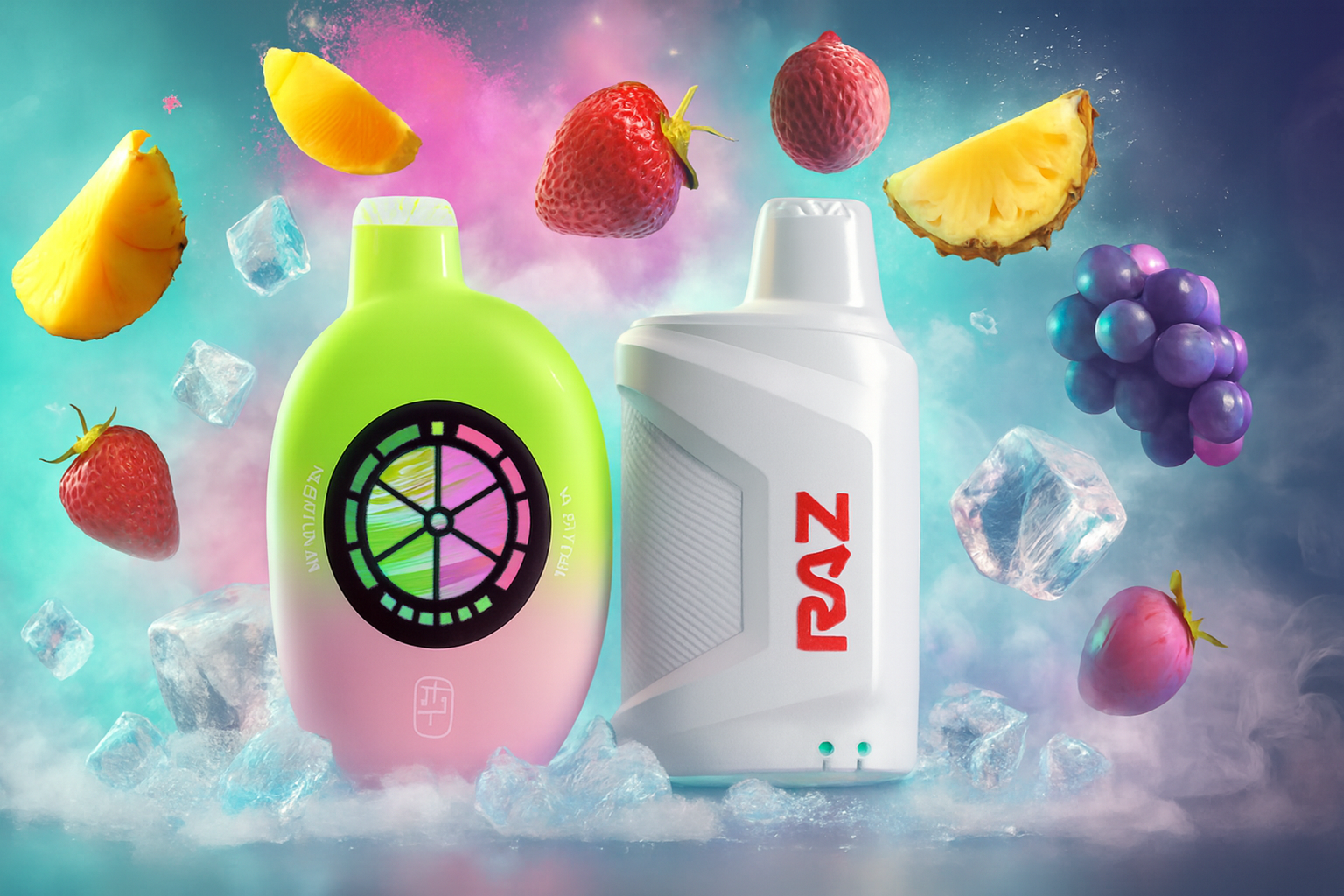 The photo depicts two vape devices set against a vivid orange background filled with tropical fruits like papaya, mango, and passion fruit, creating a lively and exotic atmosphere. On the left, a sleek black device labeled “LUFFBAR CRUSHED BERRIES” displays a digital screen showing “80%,” while on the right, a light-colored vape features a modern screen with a blue floral design, a lock icon, and dosage options marked “30mg,” “40mg,” and “50mg,” along with the word “MEMERS” at the bottom. The composition blends bold technology with natural fruit imagery, emphasizing refreshing flavors and a stylish, contemporary aesthetic.