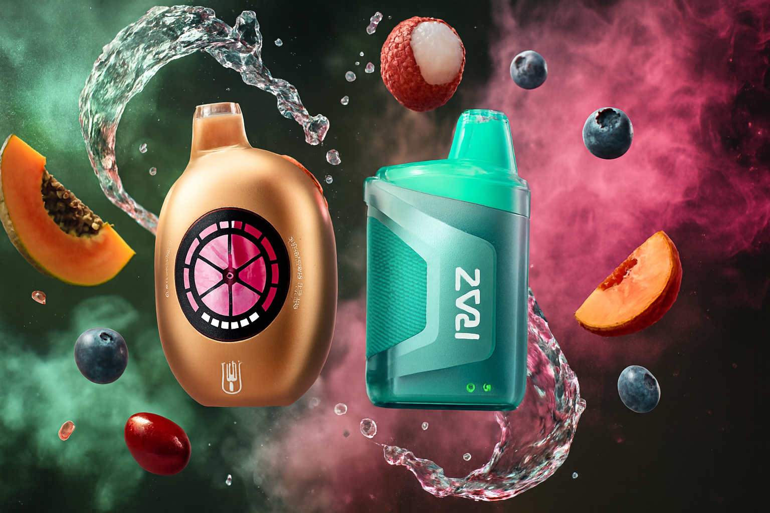 The image features two vibrant vape devices surrounded by an explosion of fruits and water splashes, set against a smoky, high-energy background. On the left, a gold device with a circular fruit-slice motif evokes tropical freshness, while the right device, in teal and green, prominently displays the brand name 