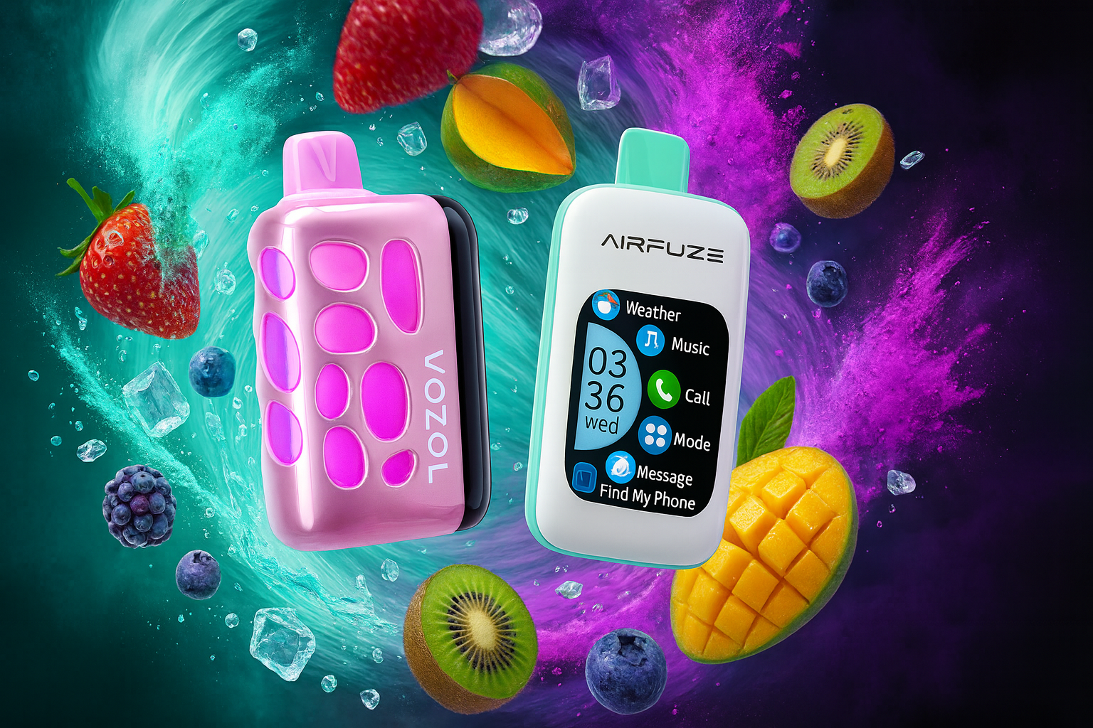 The image presents two stylish vape devices surrounded by a swirl of vibrant fruits and ice cubes, set against a dynamic teal and purple backdrop. On the left, the pink 