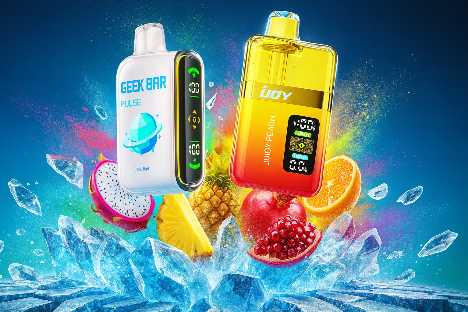 The image showcases two vibrant vape devices—GEEK BAR PULSE and IJOY JUICY PEACH—set against a dynamic backdrop of colorful fruits and icy shards. The GEEK BAR PULSE, featuring a blue planet graphic and labeled 