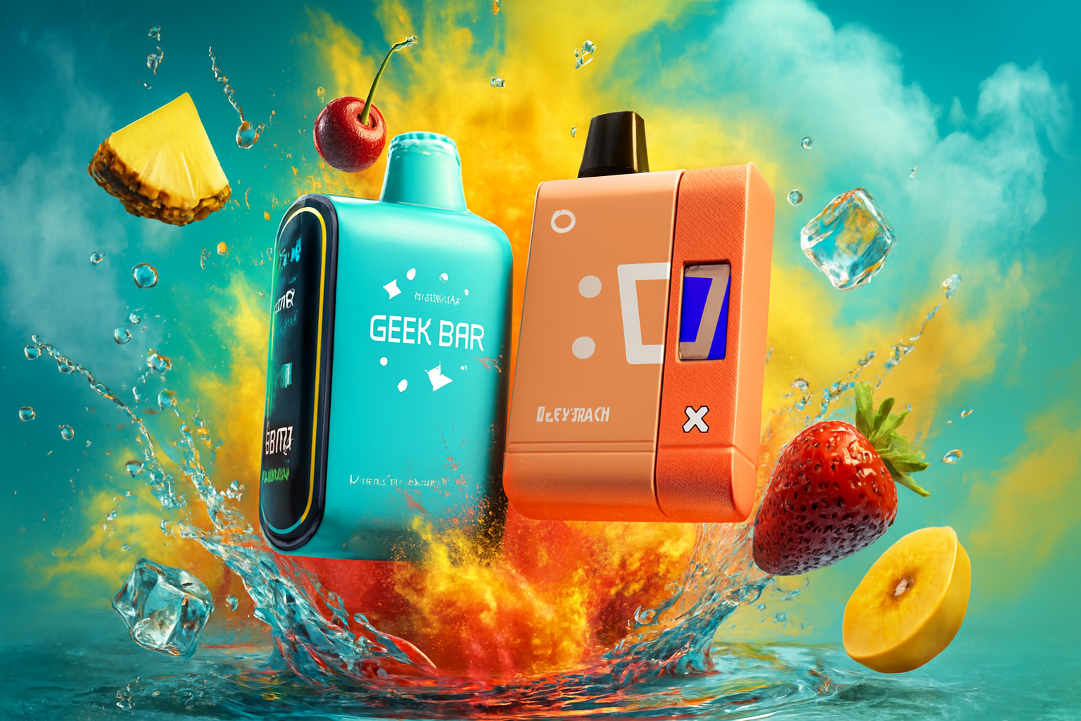 The image captures two vibrant vape devices splashing through water, surrounded by a lively mix of fruit and ice. On the left, a turquoise 