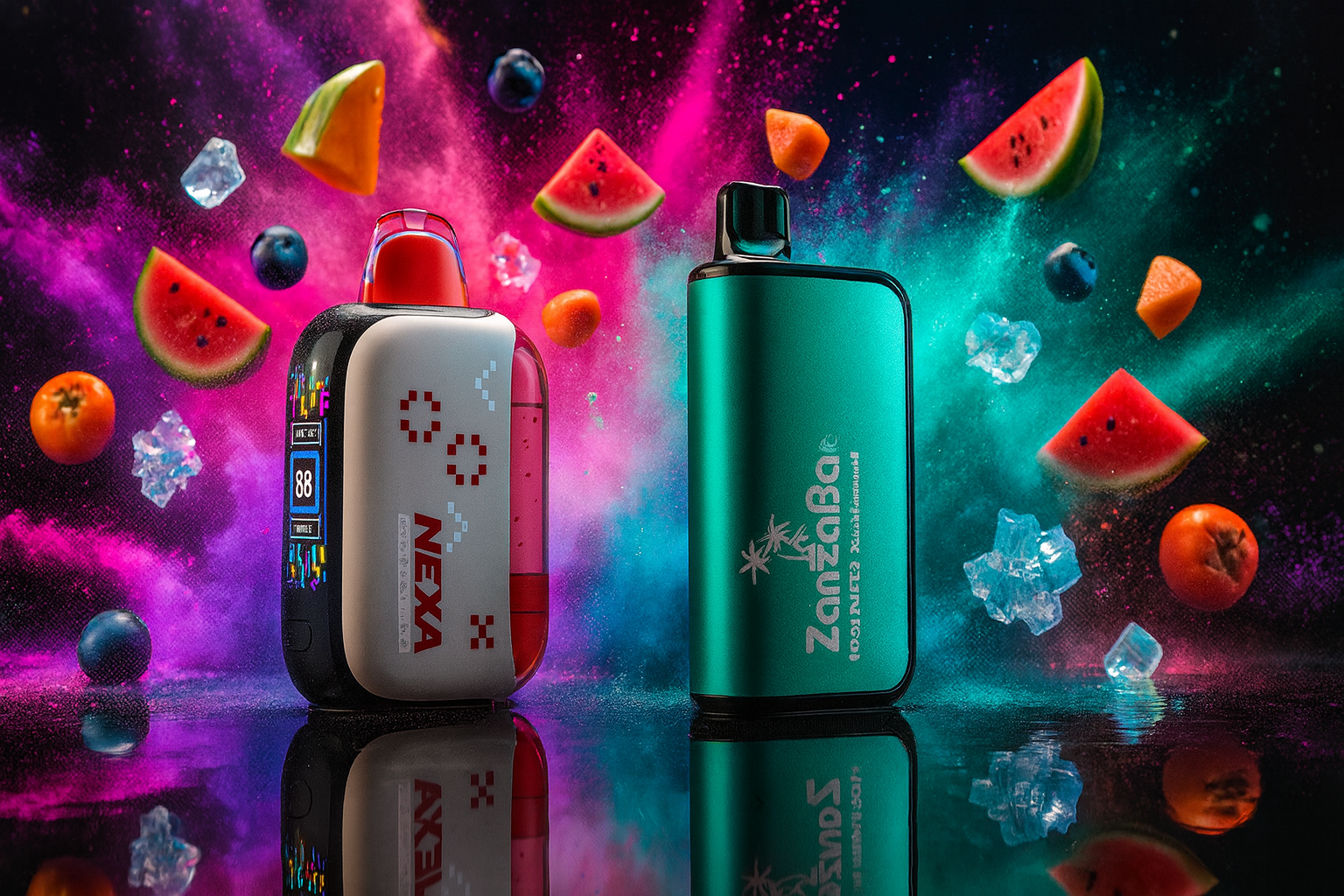 The image displays two eye-catching vape devices set against a vibrant explosion of color. On the left, the 