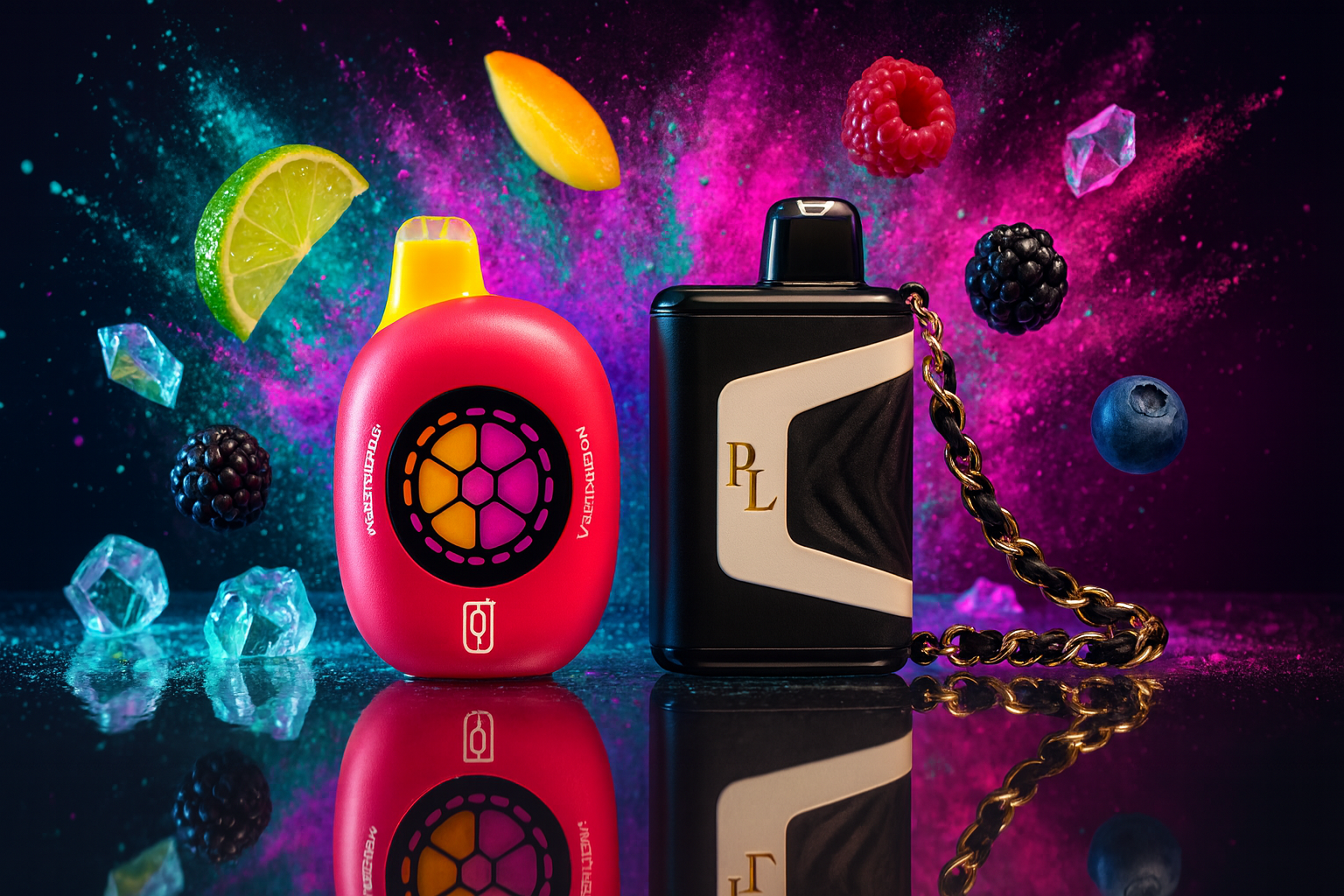The image displays two distinct vape devices set on a reflective surface, surrounded by a vibrant burst of fruits and icy accents. The left device is bright red with a yellow mouthpiece, featuring a multicolored honeycomb design and the words 