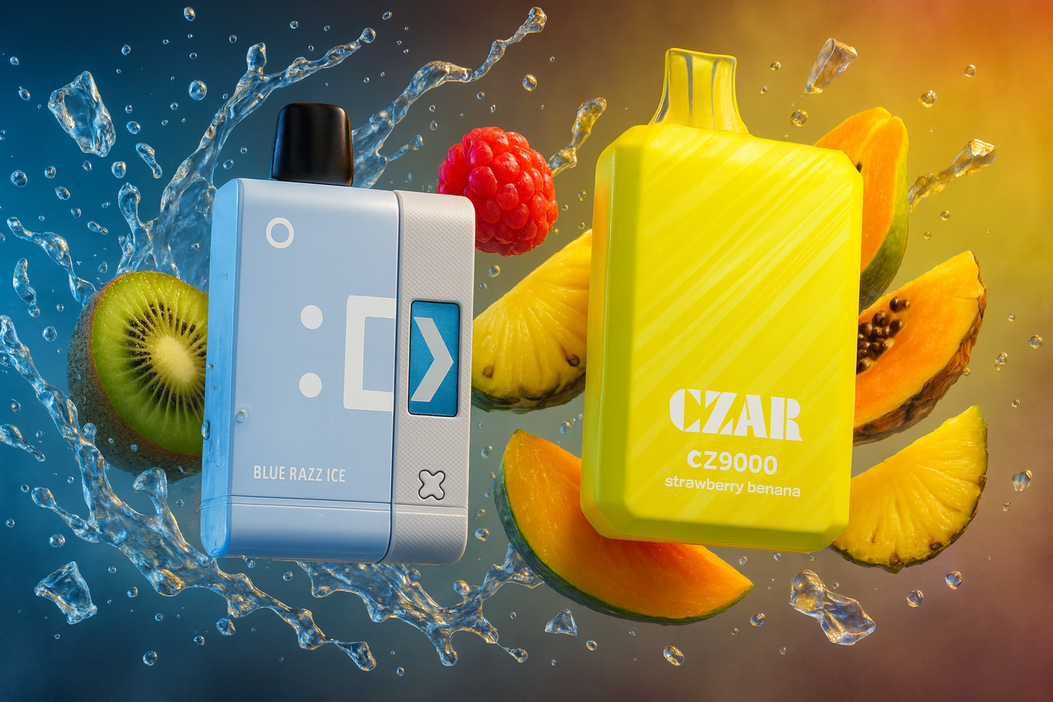The image features two vibrant vape devices surrounded by splashes of water and a colorful array of fruits, including kiwi, raspberry, pineapple, and papaya, creating a refreshing and tropical atmosphere. The left device is light blue with a black mouthpiece, labeled 