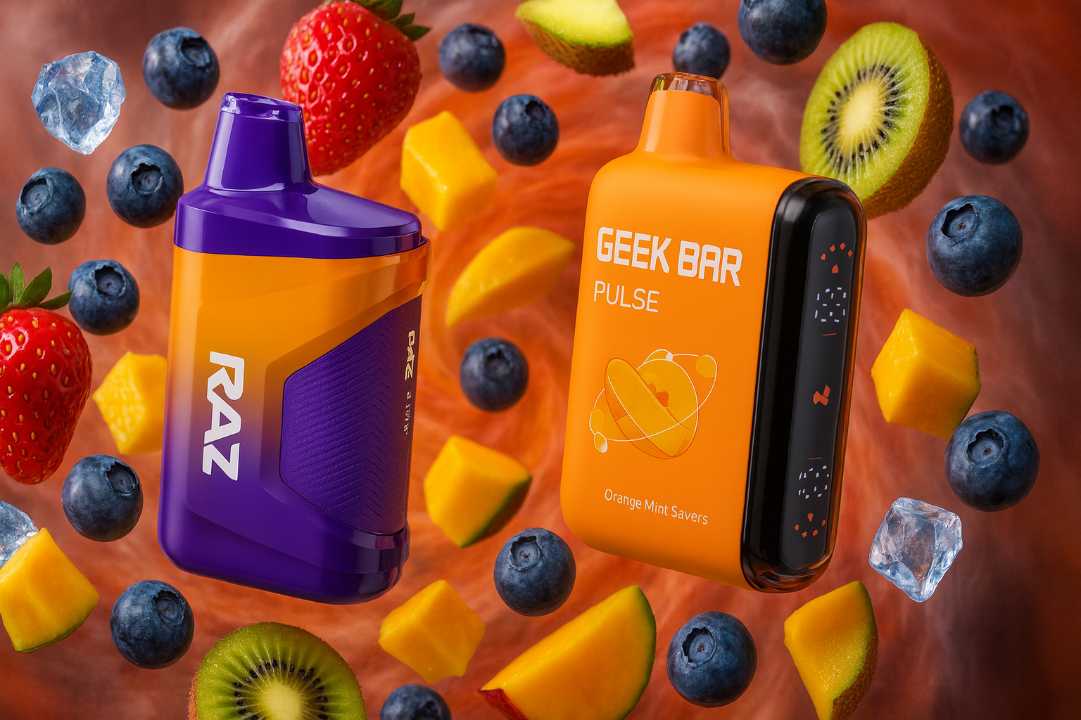 The image features two colorful vape devices surrounded by a lively mix of fruits and ice cubes, set against a swirling orange backdrop. The left device, labeled 