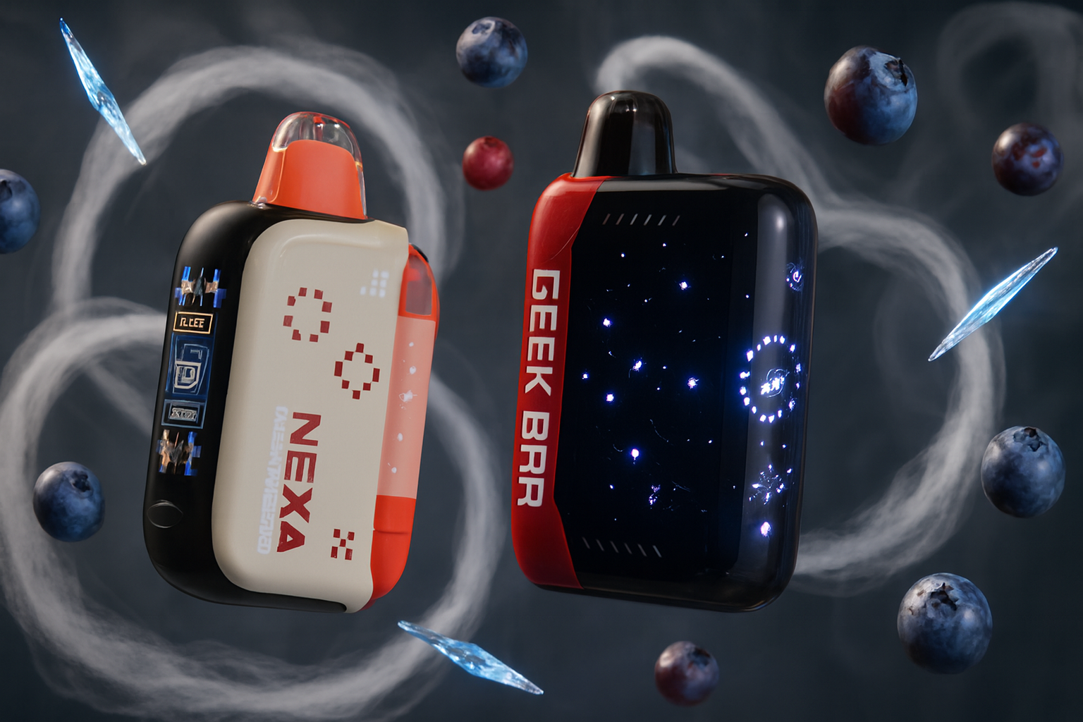 The image showcases two futuristic vape devices floating in a stylized, vapor-filled environment accented by blueberries and crystalline shards. The left device, labeled 