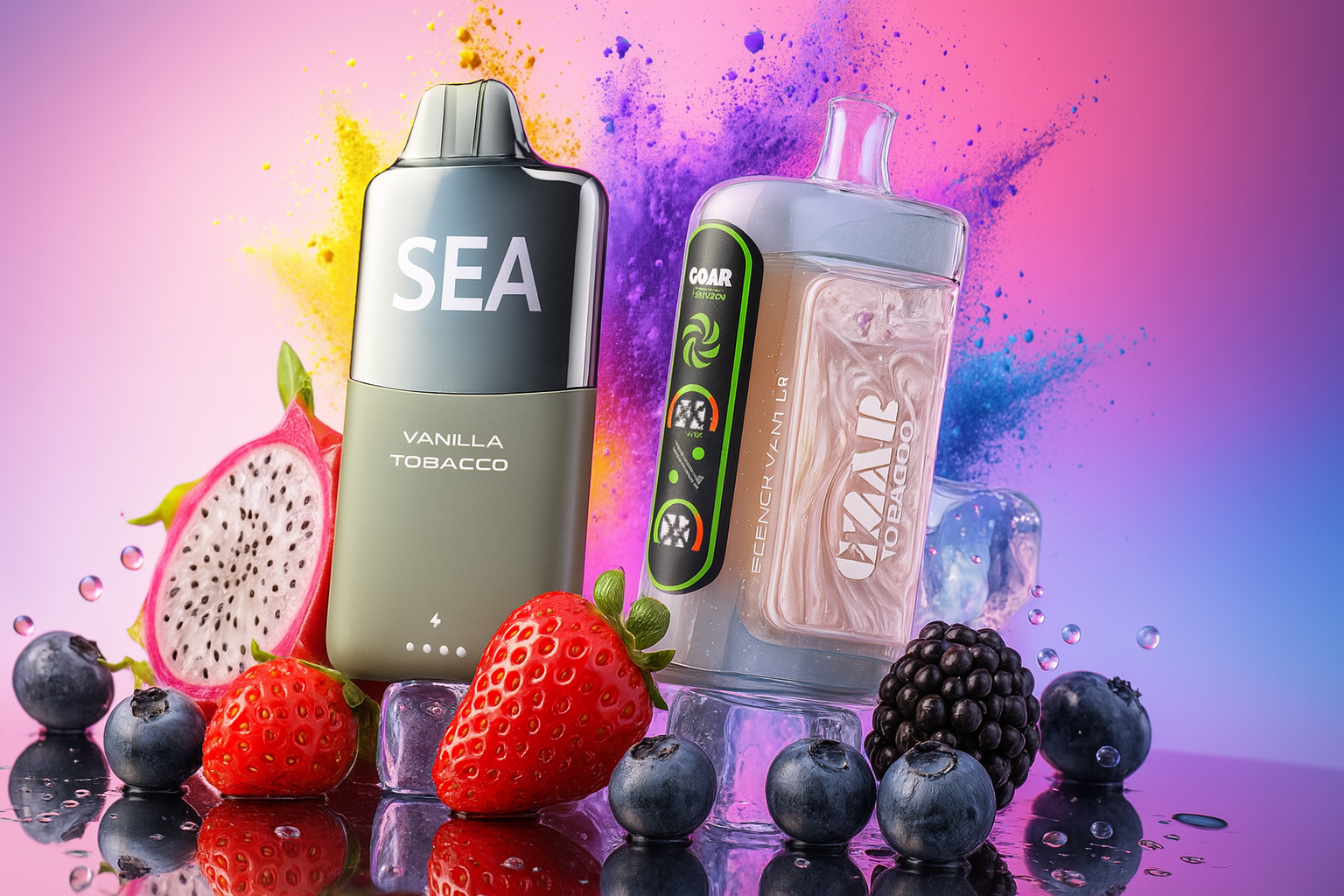 The image showcases two vape devices placed among a vivid arrangement of fruits and ice cubes, set against a dynamic background of yellow, purple, and blue splashes. The left device is labeled 