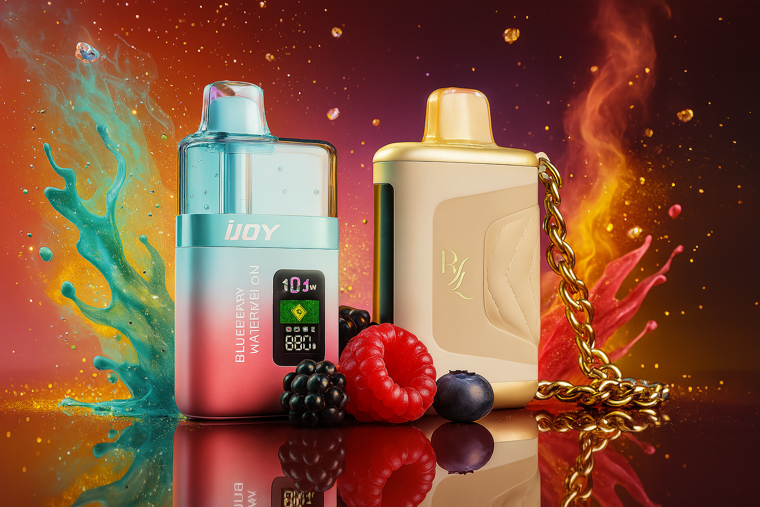 The image features two stylish vape devices placed on a reflective surface, surrounded by vibrant splashes of color and fresh fruits. On the left, the gradient blue-to-pink “iJOY” device is labeled “BLUEBERRY WATERMELON” and includes a digital screen displaying “10s+” and a battery icon, suggesting smart functionality. On the right, a glossy gold vape with a chain and engraved “RL” initials exudes a luxurious, fashion-inspired look. In front of them are ripe berries—raspberry, blackberry, blueberry, and red currant—set against a fiery, colorful background that amplifies the sense of flavor intensity and visual drama.