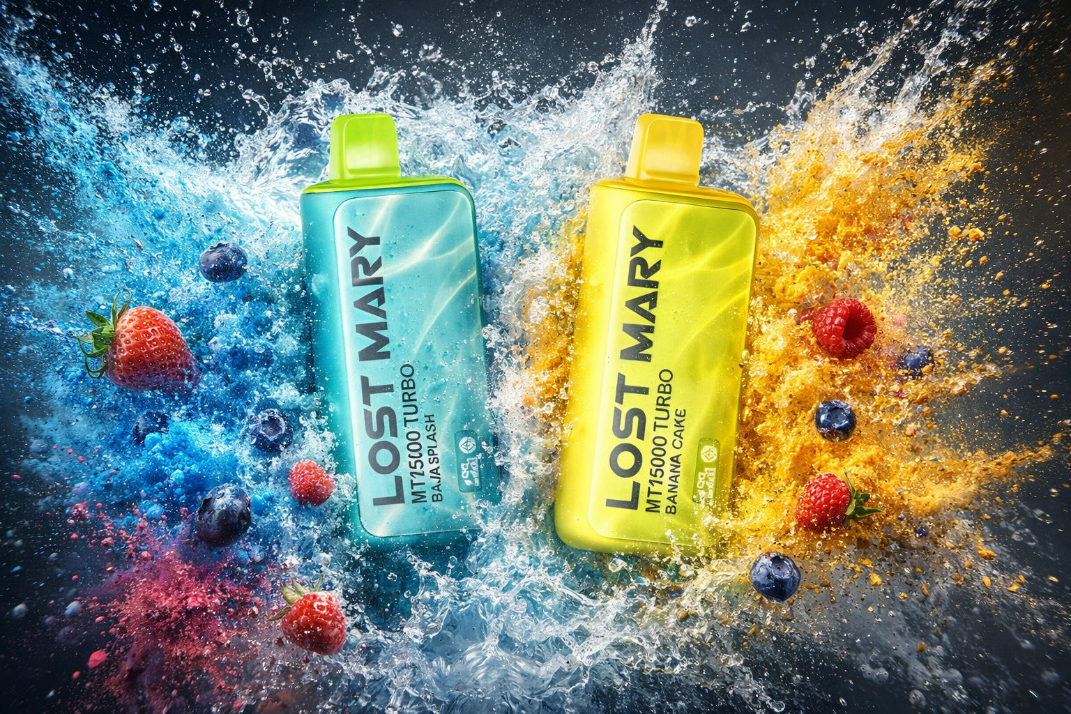 Two brightly colored LOST MARY vape devices are shown in a dynamic splash of liquid and fruit. The turquoise “Baja Splash” and yellow “Banana Cake” designs stand out with vivid contrasts of blue and yellow effects. The energetic composition emphasizes bold flavors, freshness, and vibrant branding.