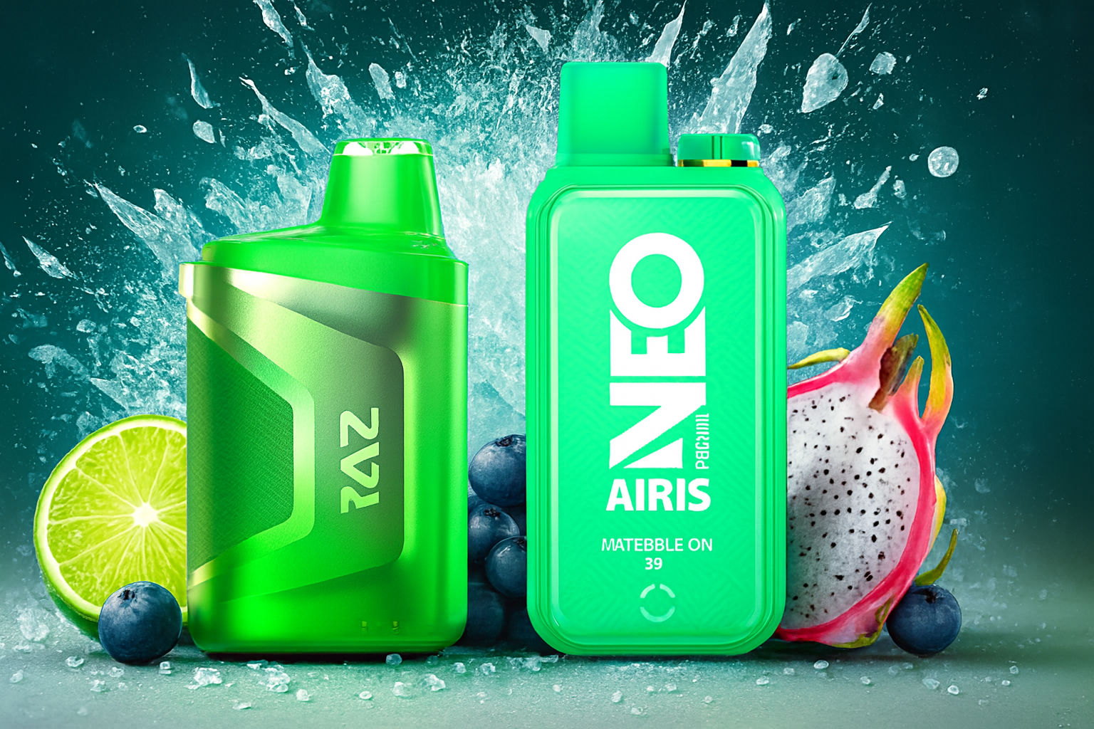 The image showcases two bright green vape devices set against a vivid backdrop of splashing water and fresh fruits. The left device, labeled 