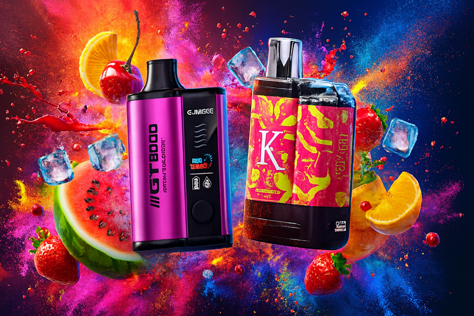 The image features two vibrant vape devices surrounded by a burst of colorful fruits, ice cubes, and splashes of neon powder. The left device, labeled 