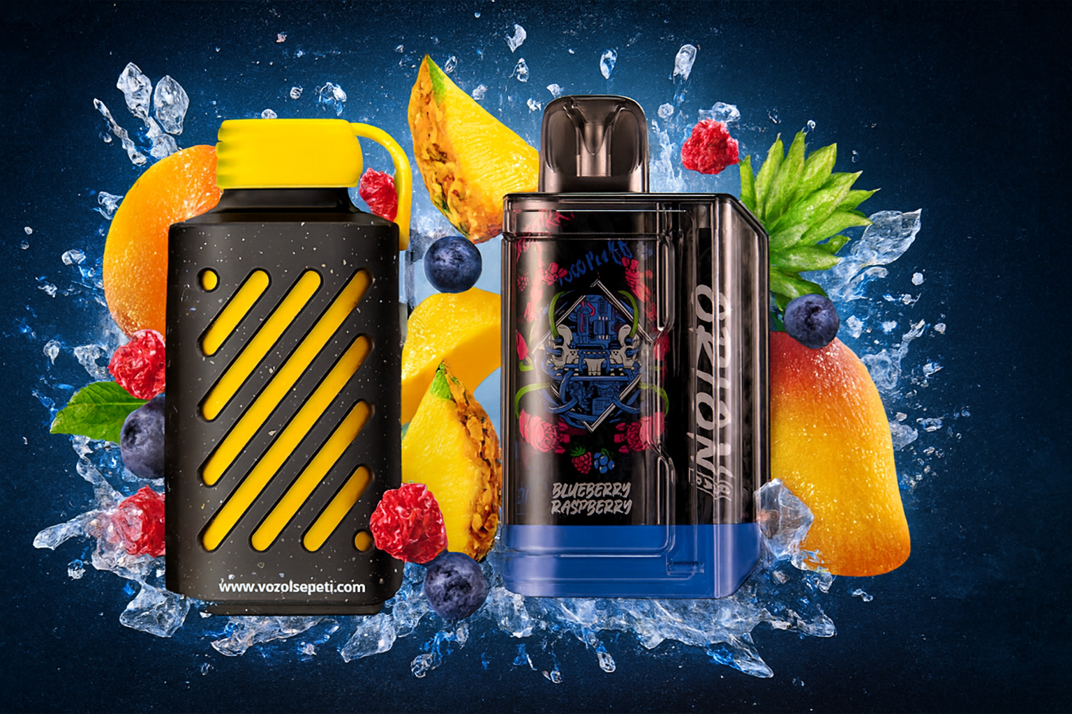 The image features two vape devices set against a vibrant backdrop with splashes of water and an assortment of fruits including mango, peach, blueberry, raspberry, and pineapple. The left device has a sleek black design with yellow diagonal stripes and a yellow cap, while the right one is labeled “ORION” and “BLUEBERRY RASPBERRY,” showcasing a colorful design with floral accents. The dynamic composition and bright colors highlight a refreshing, fruity theme aimed at promoting flavored vaping products.