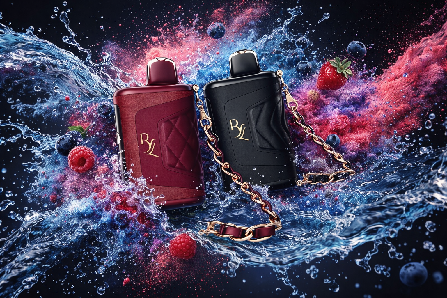 Two elegant perfume bottles with gold “BYL” initials are displayed in a dramatic scene. The deep red quilted design and sleek black version are surrounded by splashes of water, colorful powder, and berries. The dark background highlights the vivid motion, emphasizing luxury, freshness, and richness.