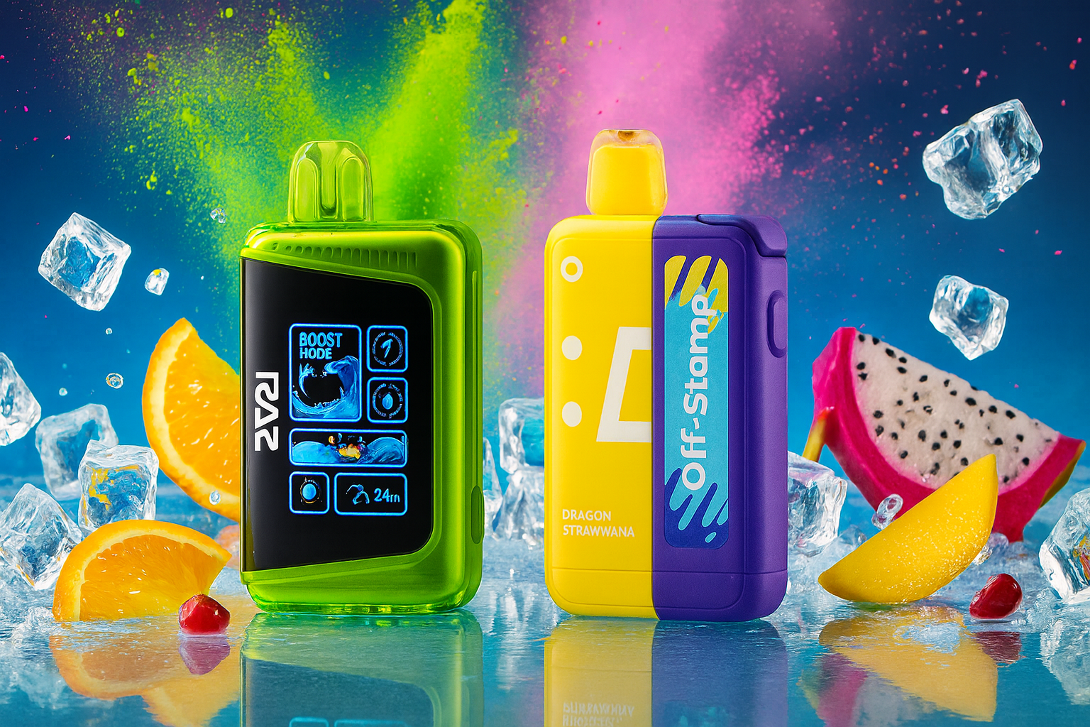The photo shows two colorful vape devices set against a vibrant background with splashes of green and pink powder, creating a dynamic and energetic atmosphere. On the left, a sleek green device with a black screen displays various icons along with the text “BOOST MODE” and “RAZ,” emphasizing its modern, tech-inspired design. On the right, a bold yellow-and-purple device labeled “Off-Stamp” highlights the flavor “DRAGON STRAWWANA,” adding a playful and fruity identity. Scattered around them are ice cubes, orange slices, dragon fruit, a mango slice, and a red berry, visually suggesting refreshing, tropical flavor profiles. The composition blends striking design with sensory appeal, making the scene lively and flavor-driven.