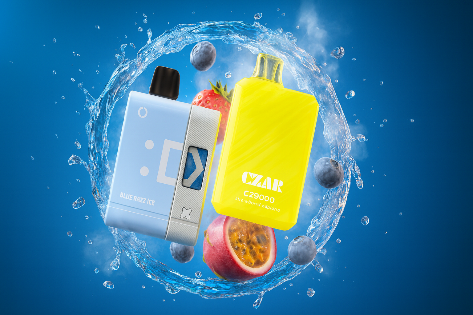 The image features two brightly colored vape devices surrounded by splashing water, ice cubes, and fresh fruits against a vibrant blue background. The left device is light blue and labeled “BLUE RAZZ ICE,” with a stylized face icon and a visible e-liquid window. The right device is bold yellow and marked “CZAR C29000 strawberry esalpora,” suggesting a fruity flavor profile. Scattered around them are blueberries, strawberries, and passion fruit, enhancing the refreshing and flavor-rich atmosphere. The composition emphasizes cool intensity, bold design, and sensory appeal—ideal for promoting fruit-infused vape experiences.