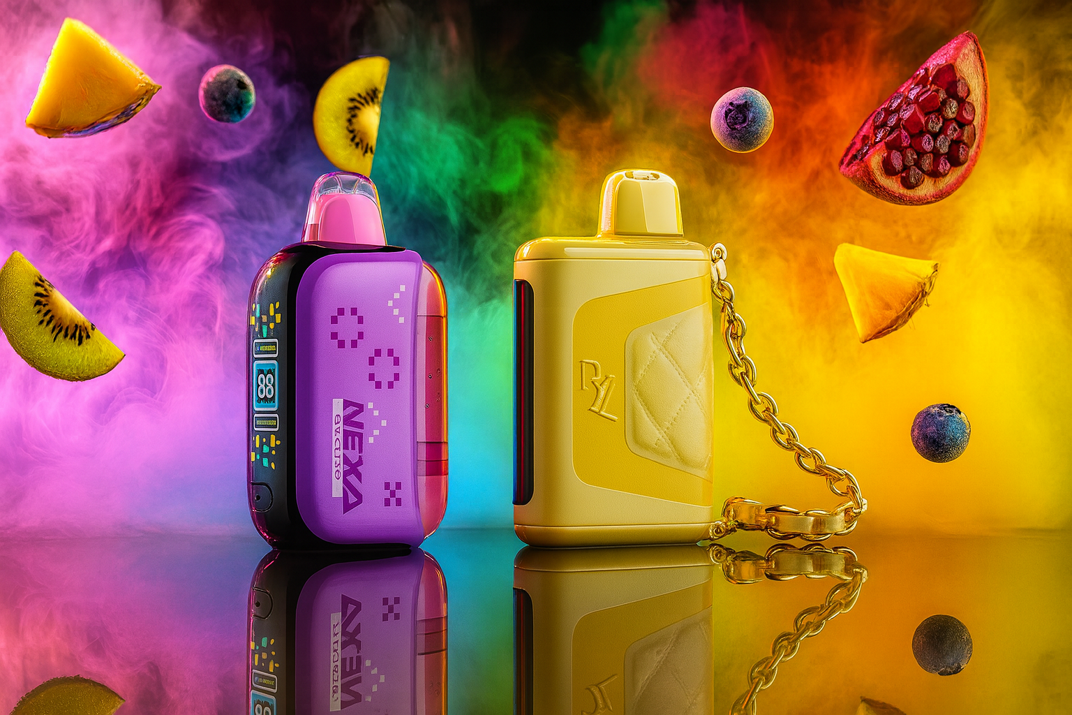 The image showcases two vibrant vape devices placed side by side on a reflective surface, surrounded by a swirl of colorful smoke and floating fruit. The left device is predominantly purple with pixel-style graphics, a digital display showing 