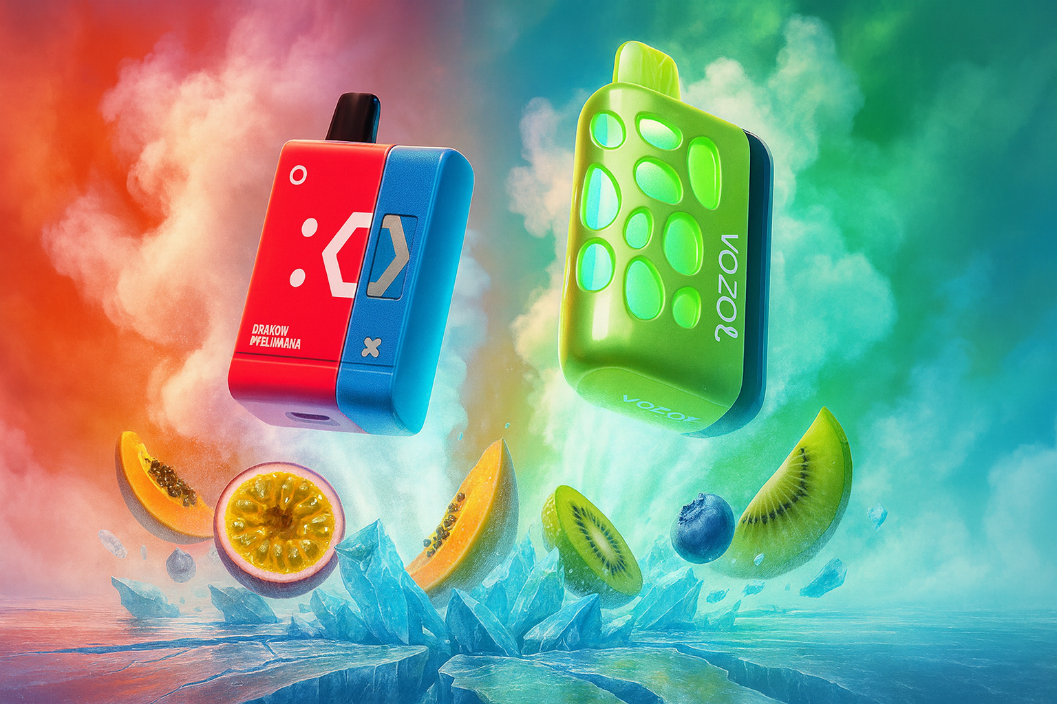 The image features two brightly colored vape devices floating in a surreal, split-toned background of warm reds and oranges on the left and cool greens and blues on the right. The left device is red and blue with geometric accents and the text “DRAKOW PPELIMHANA,” while the right one is green with a pebble-like texture and the vertical branding “VOZOL.” Below them, mist and ice formations blend with scattered fruits including papaya, passion fruit, kiwi, and blueberries, creating a vibrant, flavor-rich atmosphere. The composition emphasizes exotic freshness and bold design, ideal for showcasing fruit-infused vape experiences.