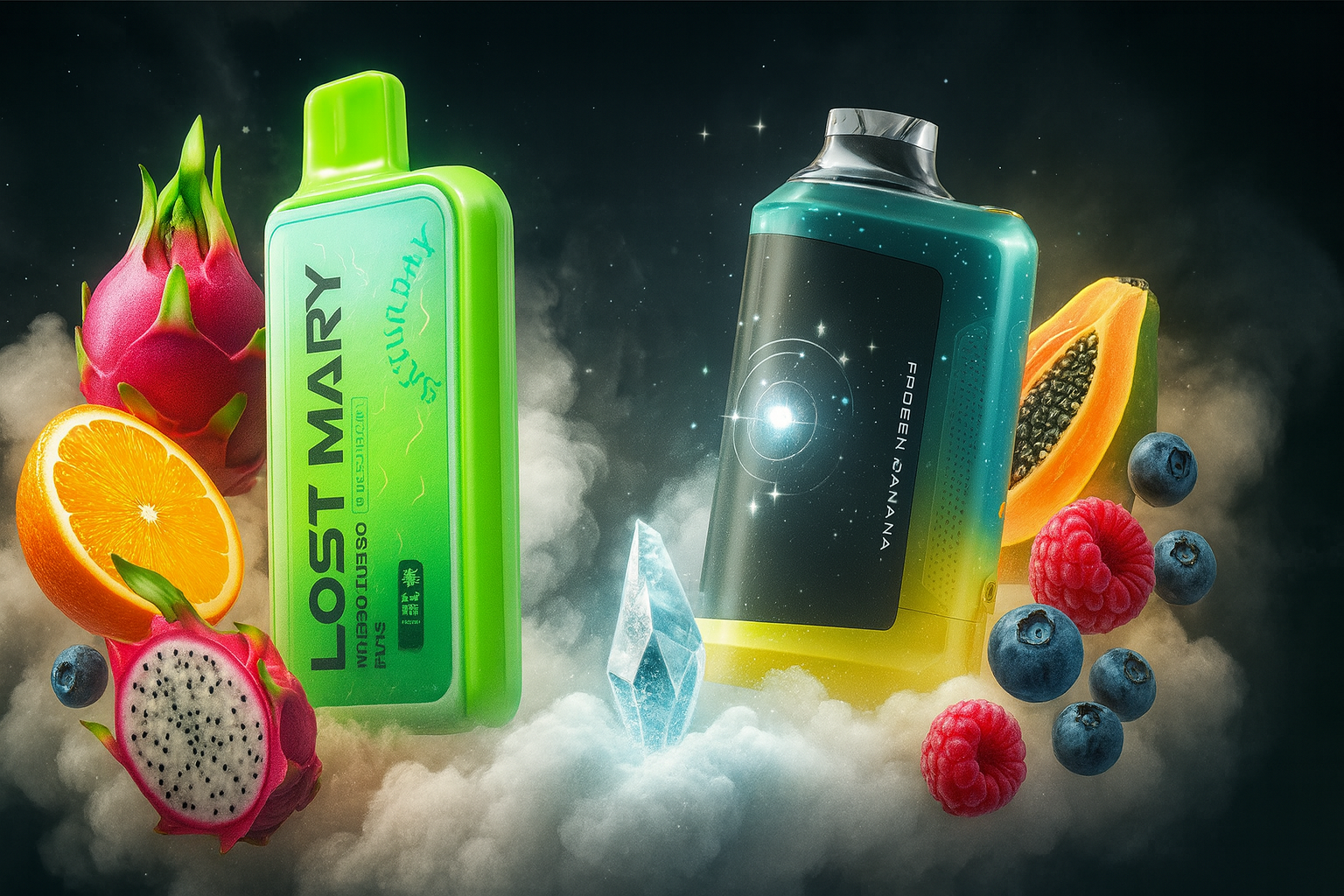 The image presents two vibrant vape devices surrounded by an array of colorful fruits and a surreal, smoky background. The left device is bright green and labeled “LOST MARY” with the flavor “Sakura Grape” written vertically, while the right device features a teal-to-yellow gradient with a black label reading “FROZEN BANANA,” adorned with a glowing orb and futuristic circular patterns. Scattered around them are dragon fruit, orange, papaya, blueberries, and raspberries, along with a translucent crystal between the devices. The composition blends cosmic energy with exotic freshness, emphasizing bold flavor and imaginative design.