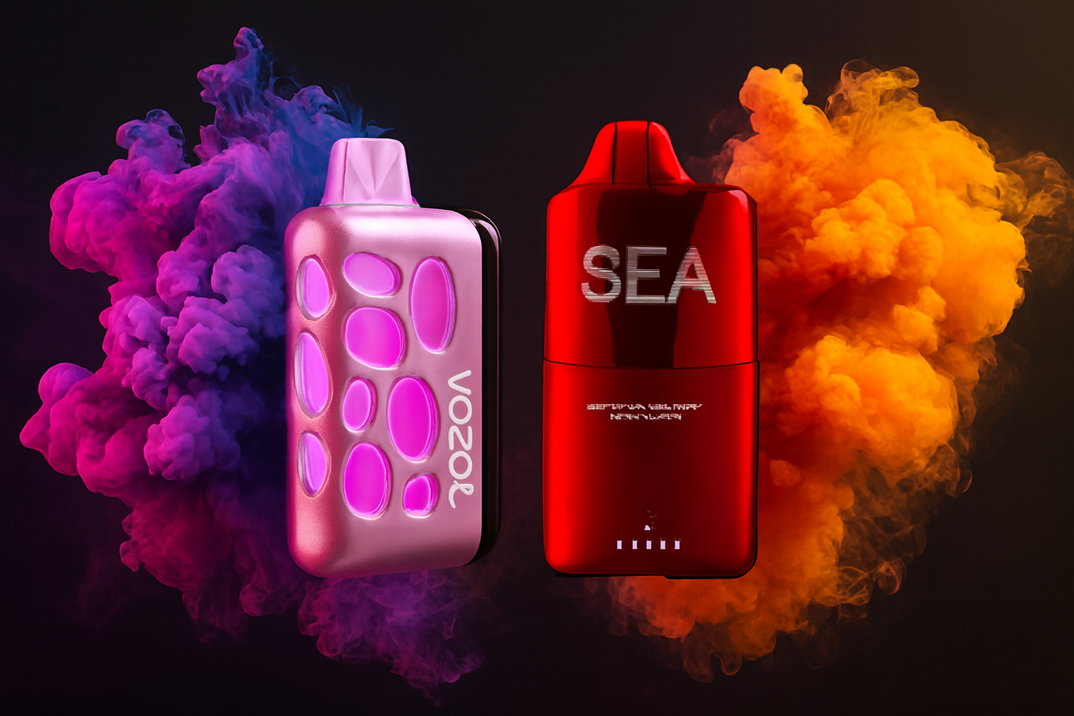 The photo shows two colorful vape devices set against a dark background filled with dramatic clouds of purple and orange smoke. On the left, a sleek pink device with translucent oval sections glowing in purple carries the vertical brand name “VOZOL.” On the right, a bold red device prominently displays the word “SEA” in silver, with smaller text and a row of white indicators near the bottom. The vivid colors, glowing details, and smoky backdrop create a striking, modern composition that emphasizes style and bold design.