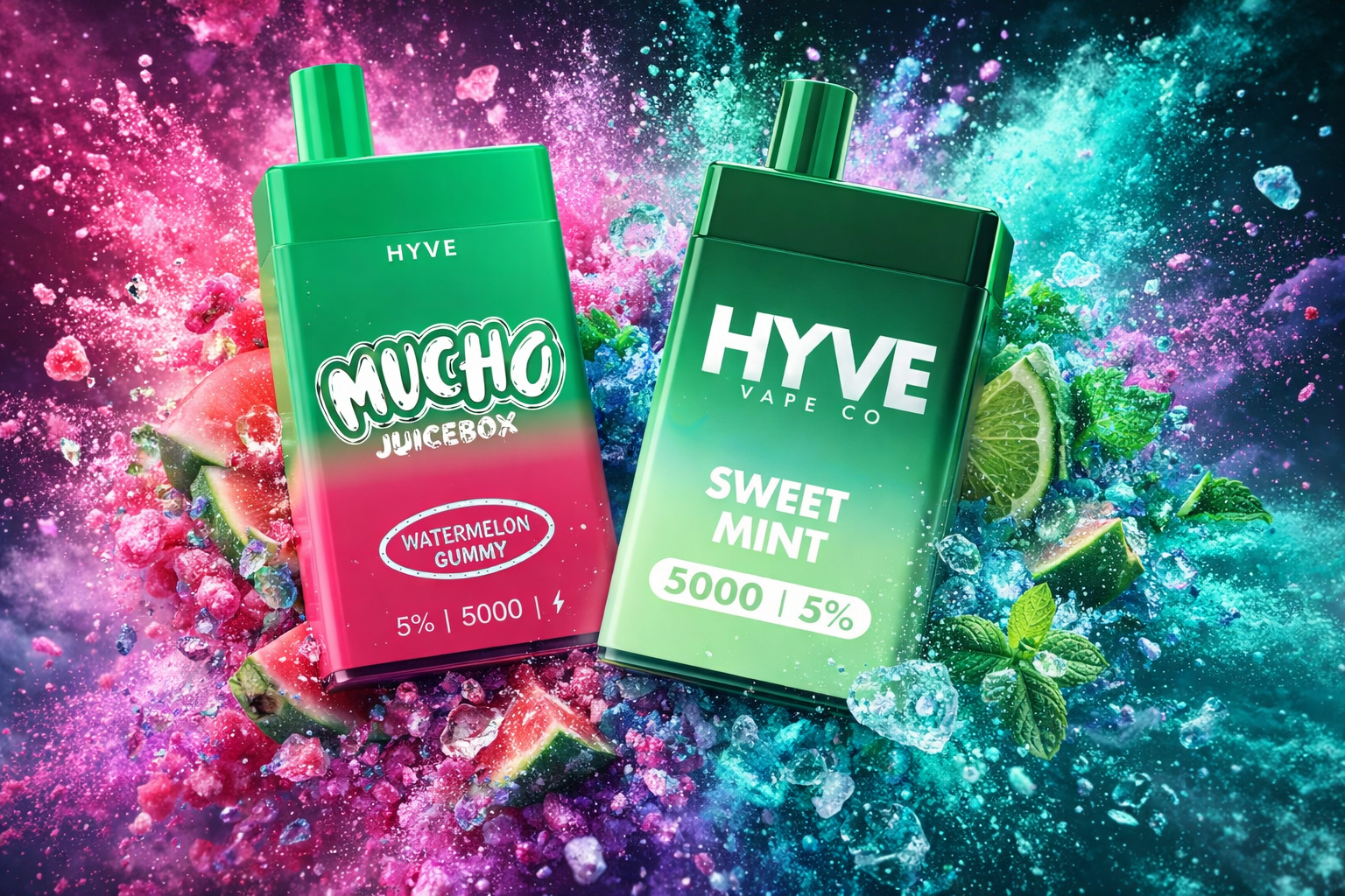 The photo shows two HYVE vape devices presented with bold, colorful effects. On the left, the “Mucho Juicebox Watermelon Gummy” device is surrounded by watermelon slices and candy-like crystals in vibrant reds and greens. On the right, the “Sweet Mint” device is highlighted with mint leaves, lime slices, and icy shards, creating a fresh and cool atmosphere.