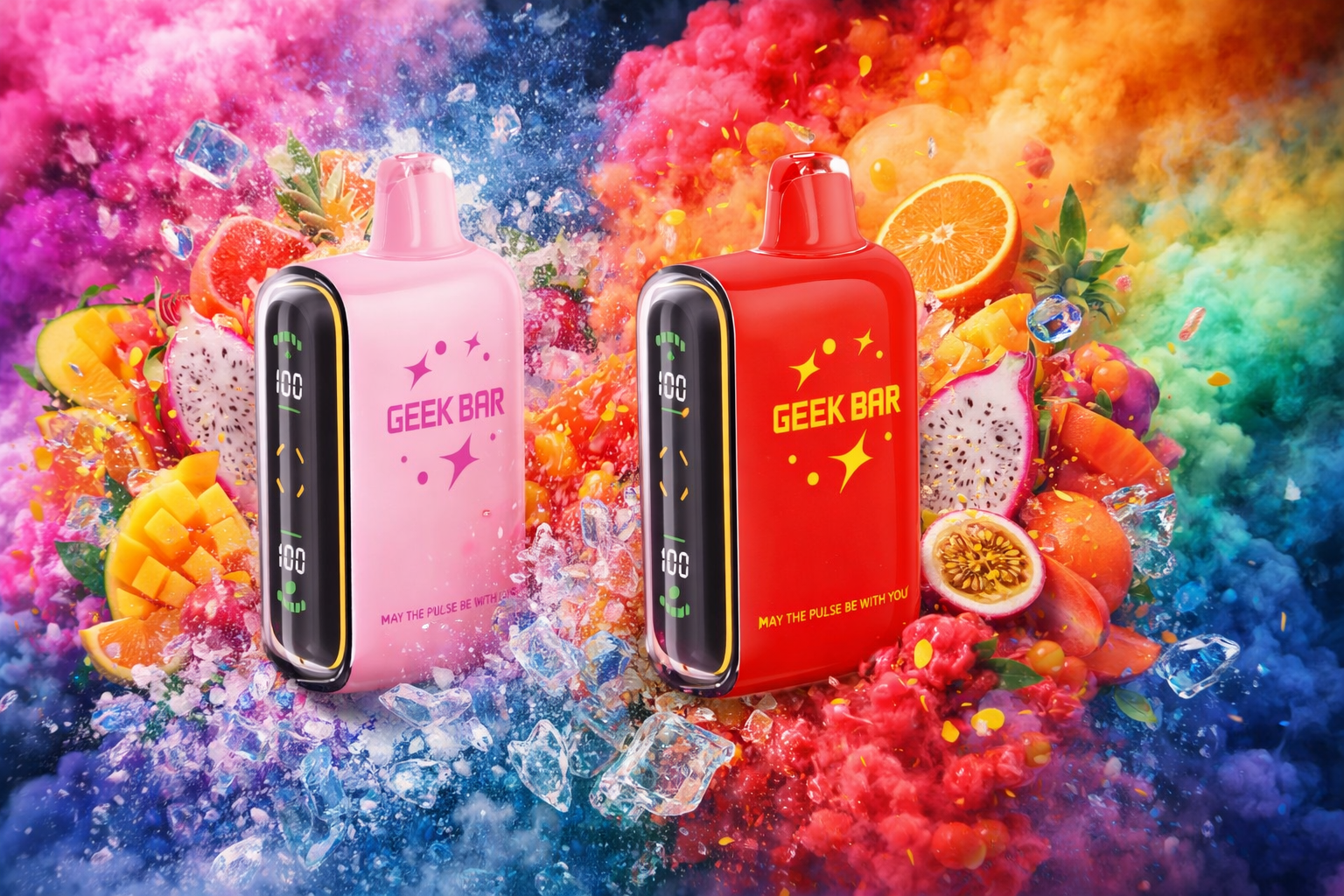 The photo shows two brightly colored vape devices branded “GEEK BAR” against a vivid, smoky explosion of colors. One is pink and the other red, both featuring black display panels with the number “100” and the tagline “MAY THE PULSE BE WITH YOU.” Surrounding them are ice cubes and a mix of tropical fruits like mango, dragon fruit, orange, passion fruit, and pineapple, creating a dynamic and flavor-rich scene.