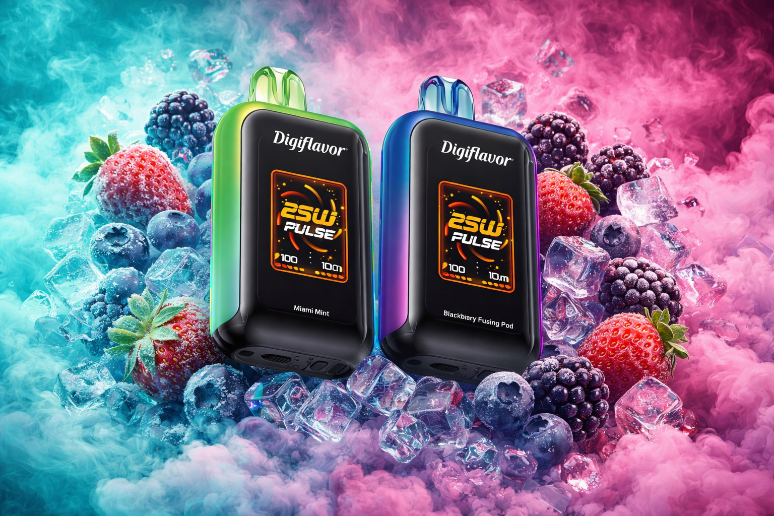 The photo shows two electronic vape devices branded “Digiflavor” with sleek designs and digital screens. The green and black device is labeled “Miami Mint,” while the blue and black one is marked “Blackbiary Fusing Pod,” both displaying “25W PULSE” along with smaller indicators. They are surrounded by ice cubes and fruits like strawberries, blueberries, and blackberries, set against colorful vapor clouds of blue and pink for a striking flavor-focused composition.
