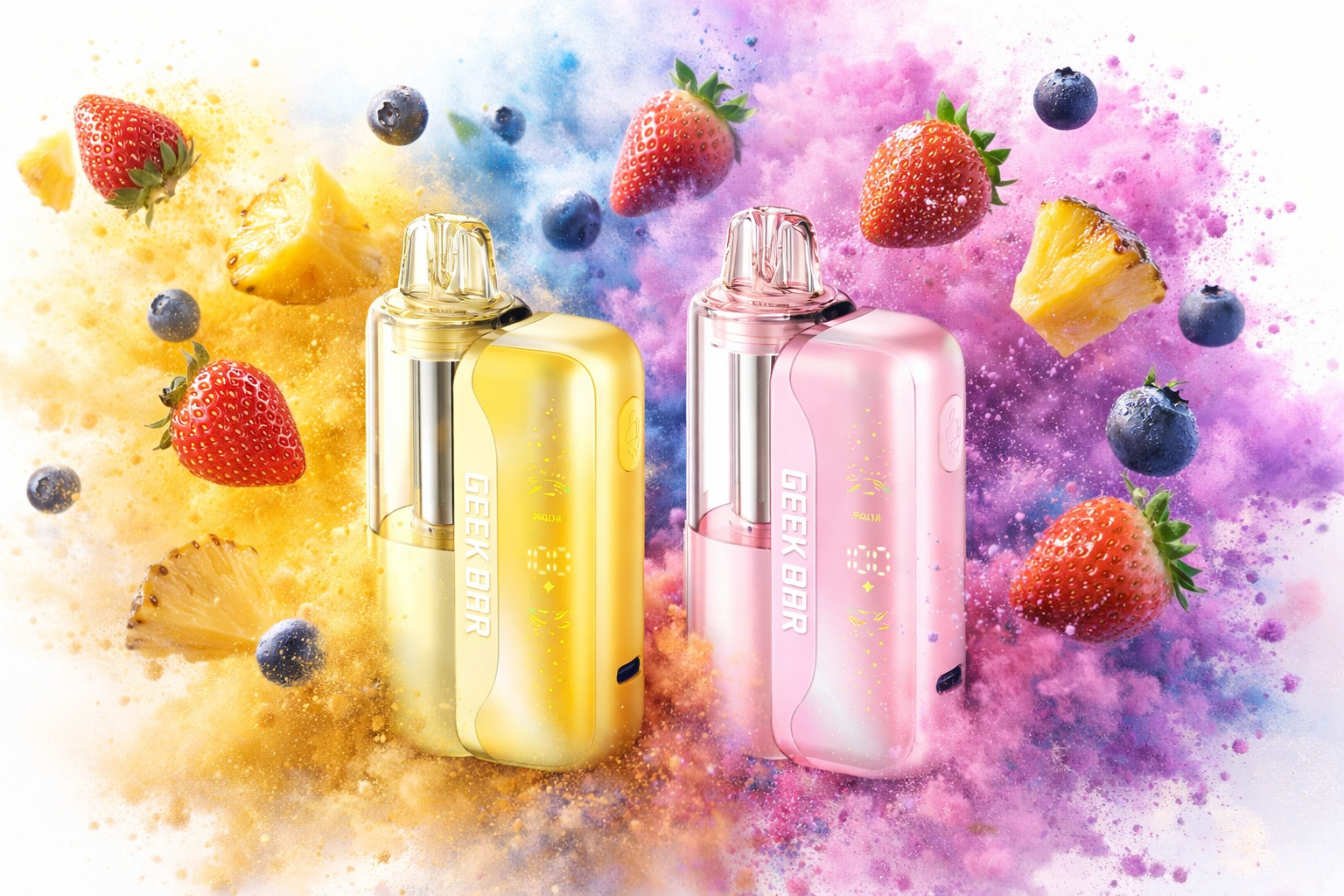The photo shows two brightly colored vape devices branded “GEEK BAR,” one in yellow and the other in pink. They are set against dynamic bursts of yellow and purple powder with floating fruits like strawberries, blueberries, and pineapple pieces. The composition emphasizes fruity flavors and vibrant design, creating a bold and eye-catching promotional scene.