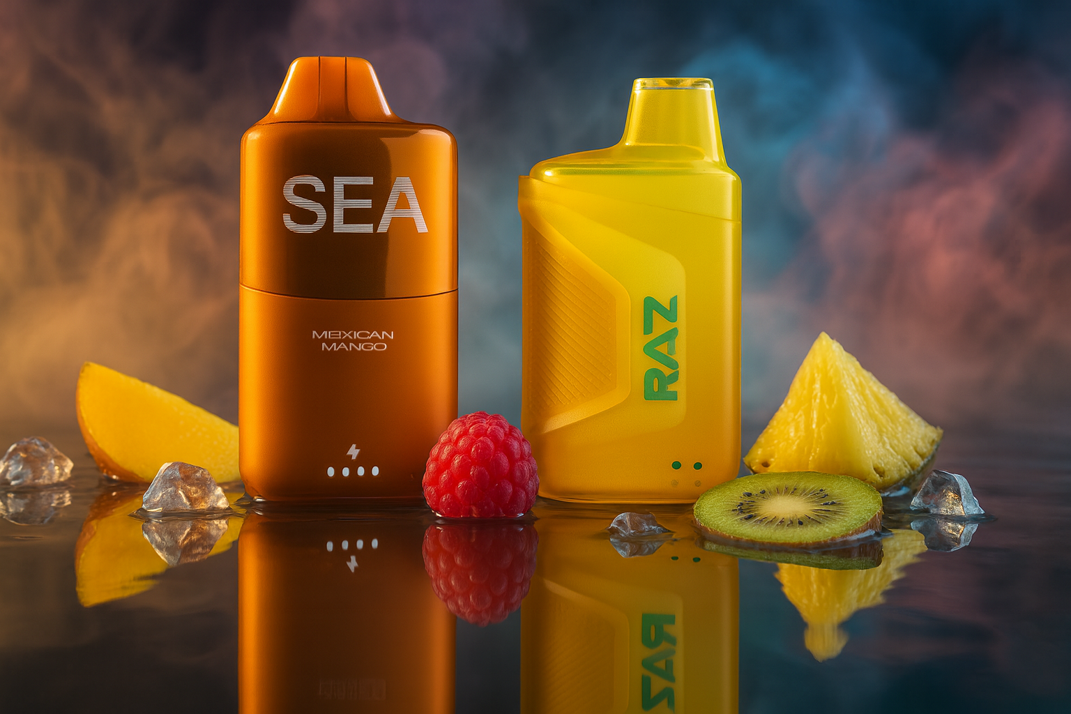 The image features two brightly colored vape devices placed side by side on a reflective surface, surrounded by ice cubes and a vibrant mix of fruits including mango, raspberry, pineapple, and kiwi. The left device is orange and labeled 