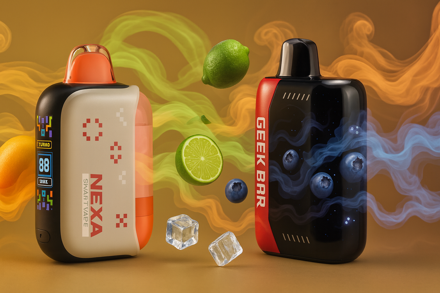 The image showcases two visually dynamic vape devices set against a vibrant backdrop of swirling vapor and floating fruits. The left device, labeled 